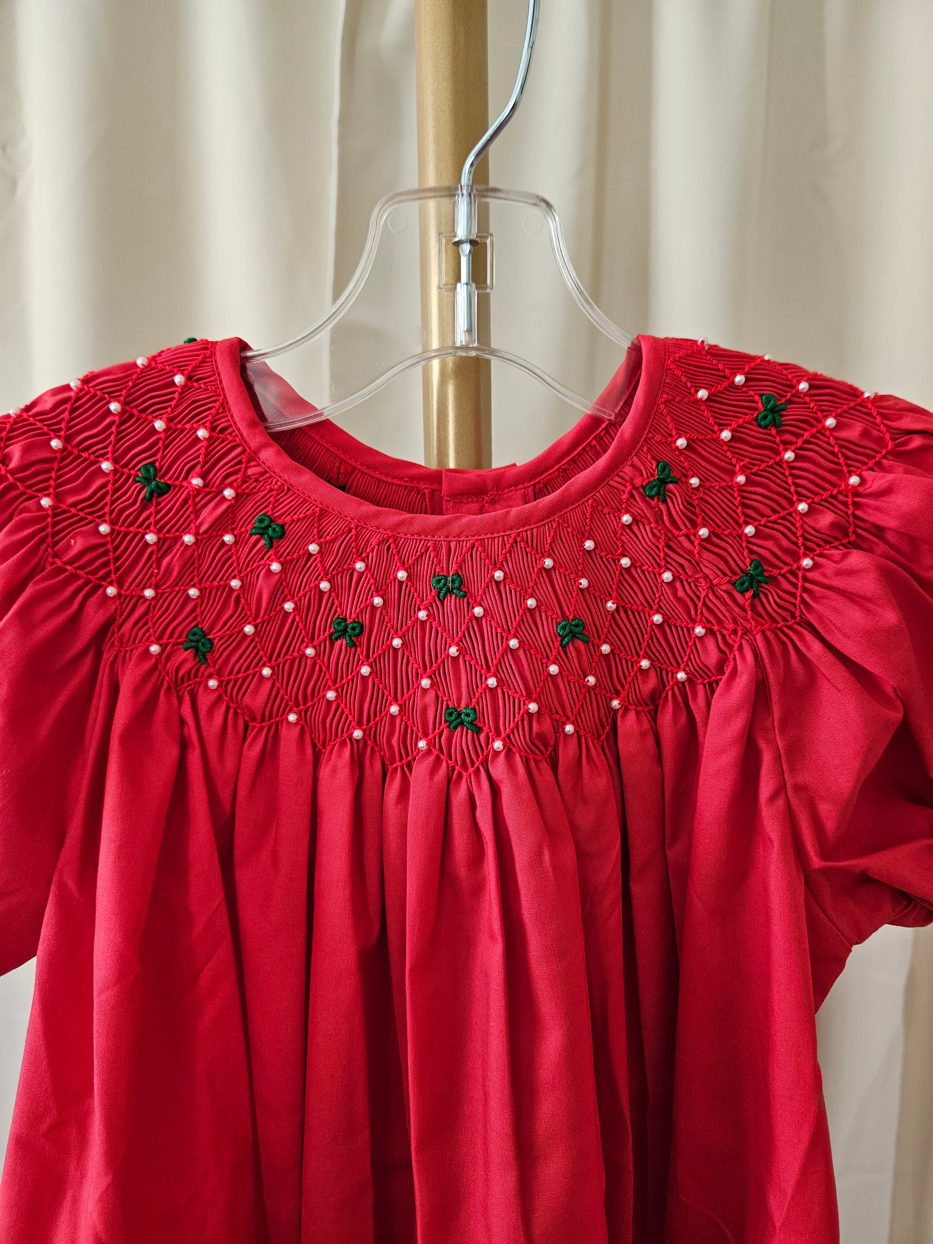 Love Me Red Heirloom Smocked Bishop Dress with Green Bows & Pearls