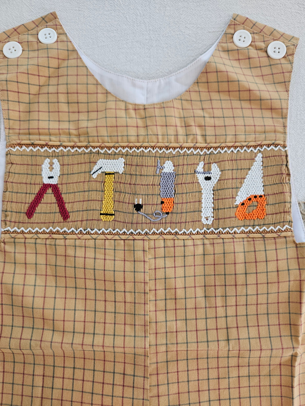 Mom & Me Brown Plaid Smocked Tools Jon Jon – Sizes 12M, 18M & 3T