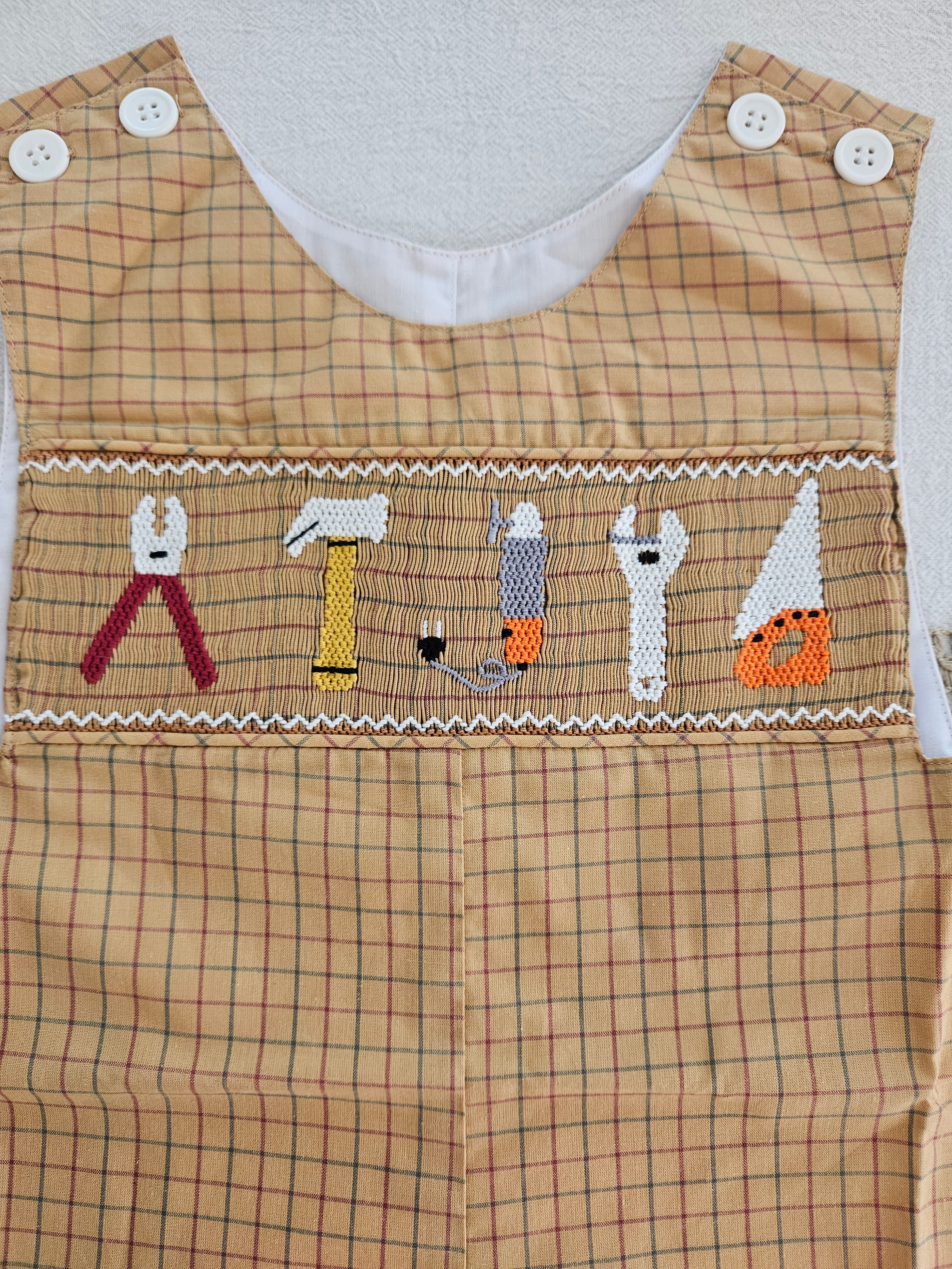 Mom & Me Brown Plaid Smocked Tools Jon Jon – Sizes 12M, 18M & 3T