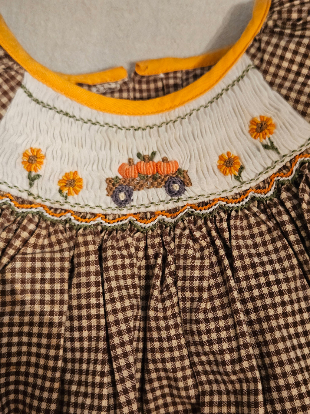 Petit Ami Brown Checkered Baby Dress with Smocked Pumpkins Sz 18M