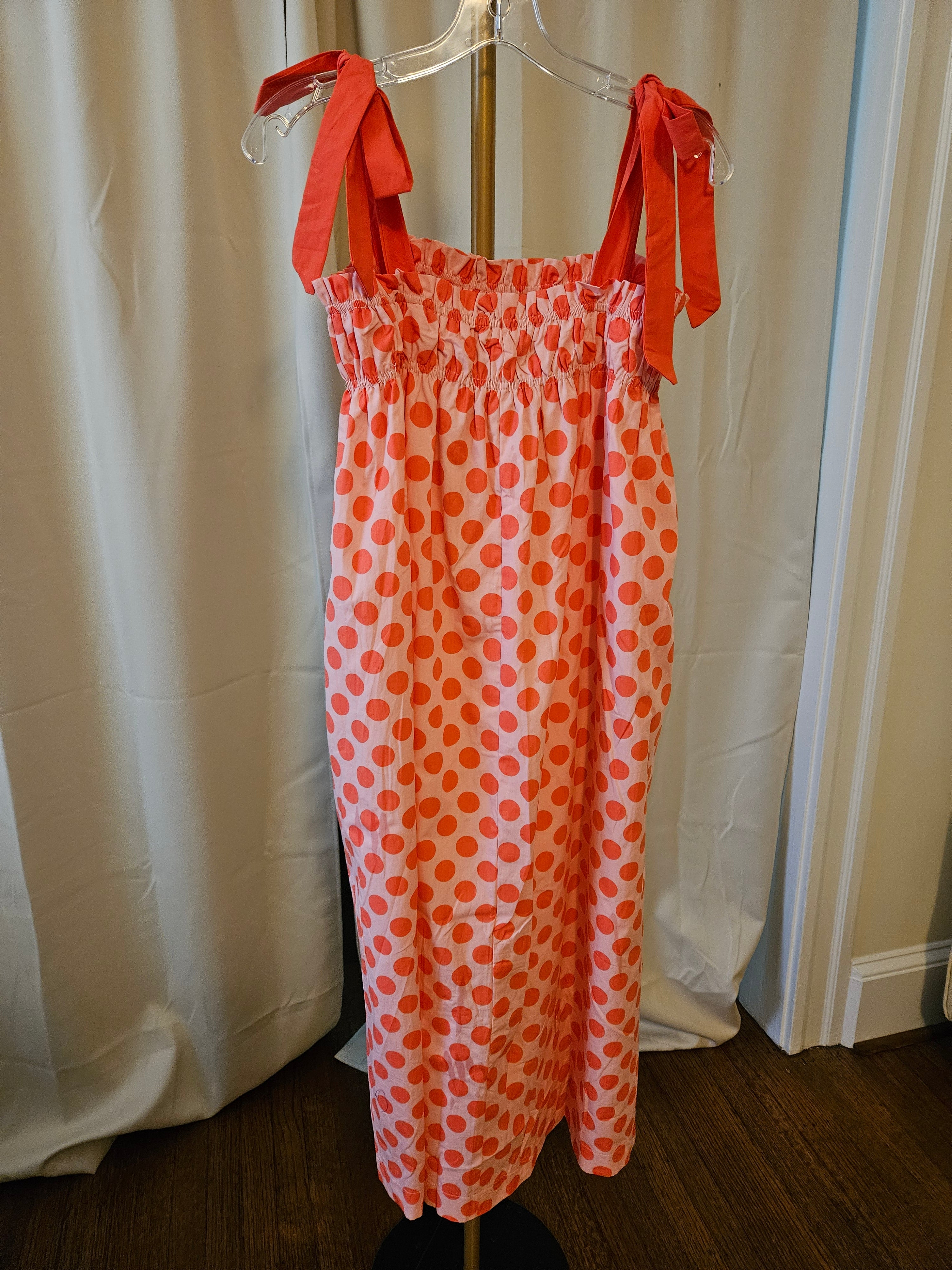 J.Nna Pink Polka Dot Tie Shoulder Smocked Maxi Dress |