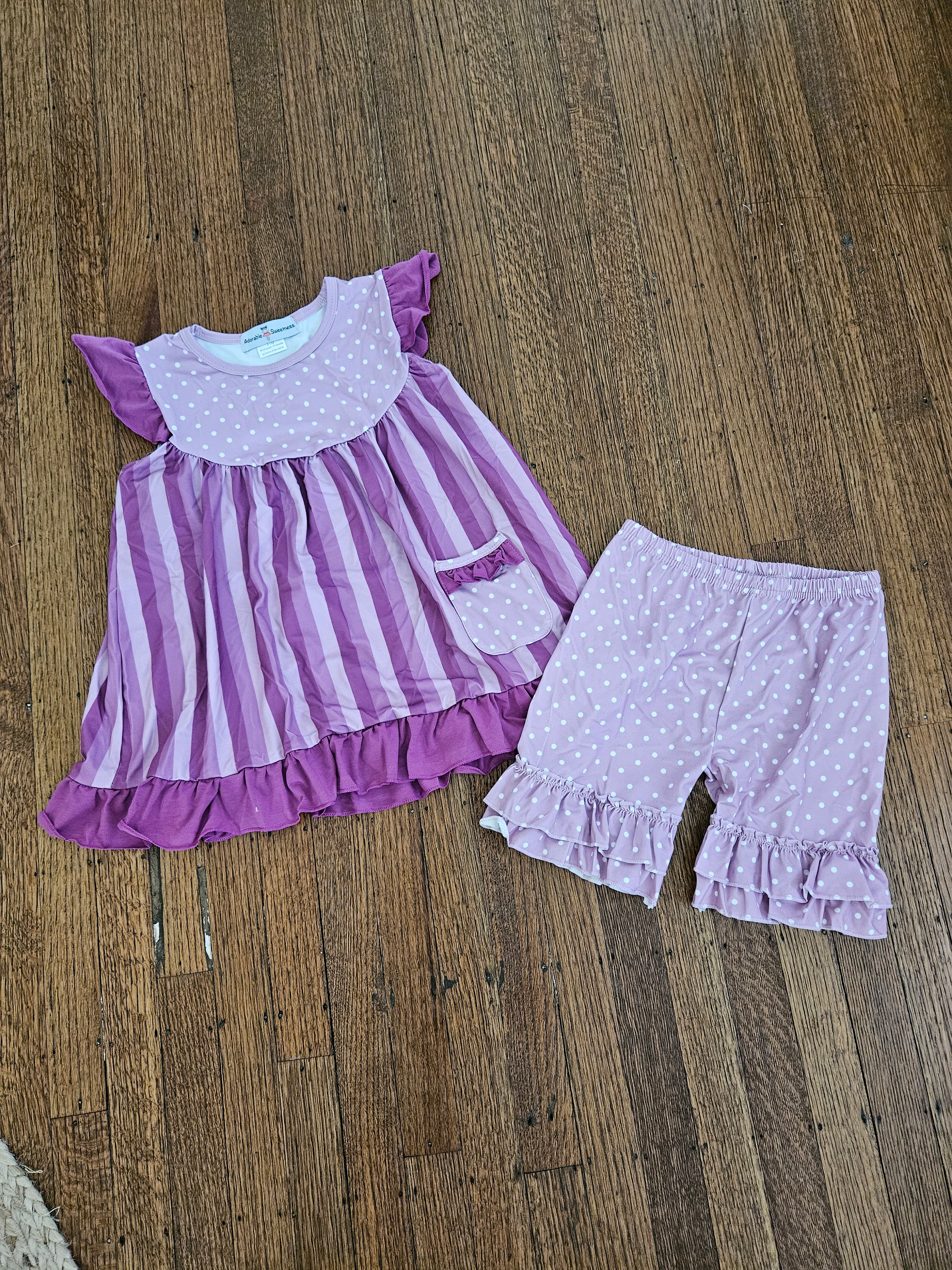 Adorable Sweetness 2-Pc Purple Flutter Sleeve Swing Top & Polka Dot Shorts Set Girls