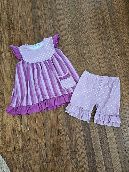 Adorable Sweetness 2-Pc Purple Flutter Sleeve Swing Top & Polka Dot Shorts Set Girls