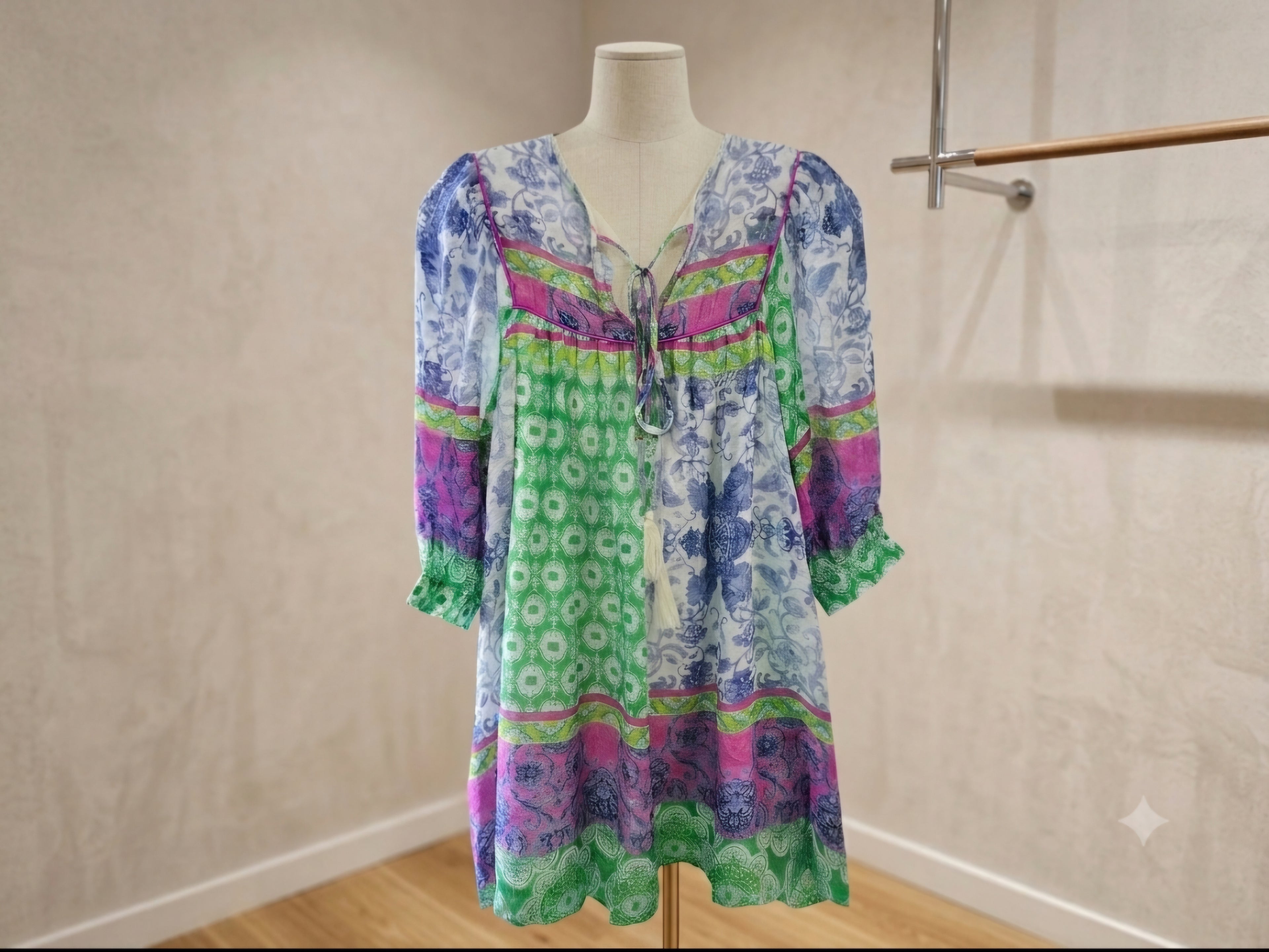 J.NNA Multi-Pattern Tunic Dress with Sheer Sleeves & Pockets |