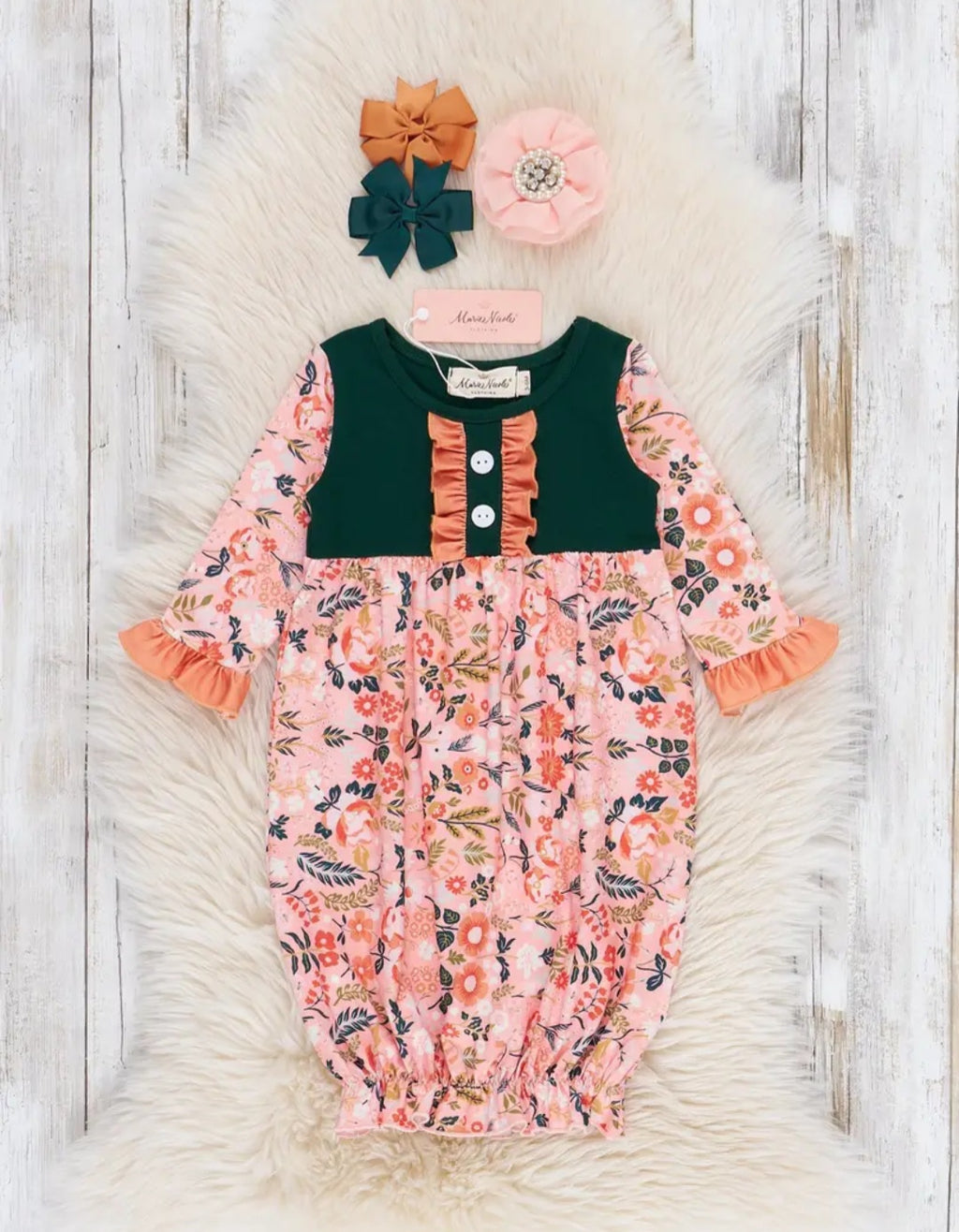 Marie Nicole Golden Garden Party Ruffle Knot Gown Sz 0-3M