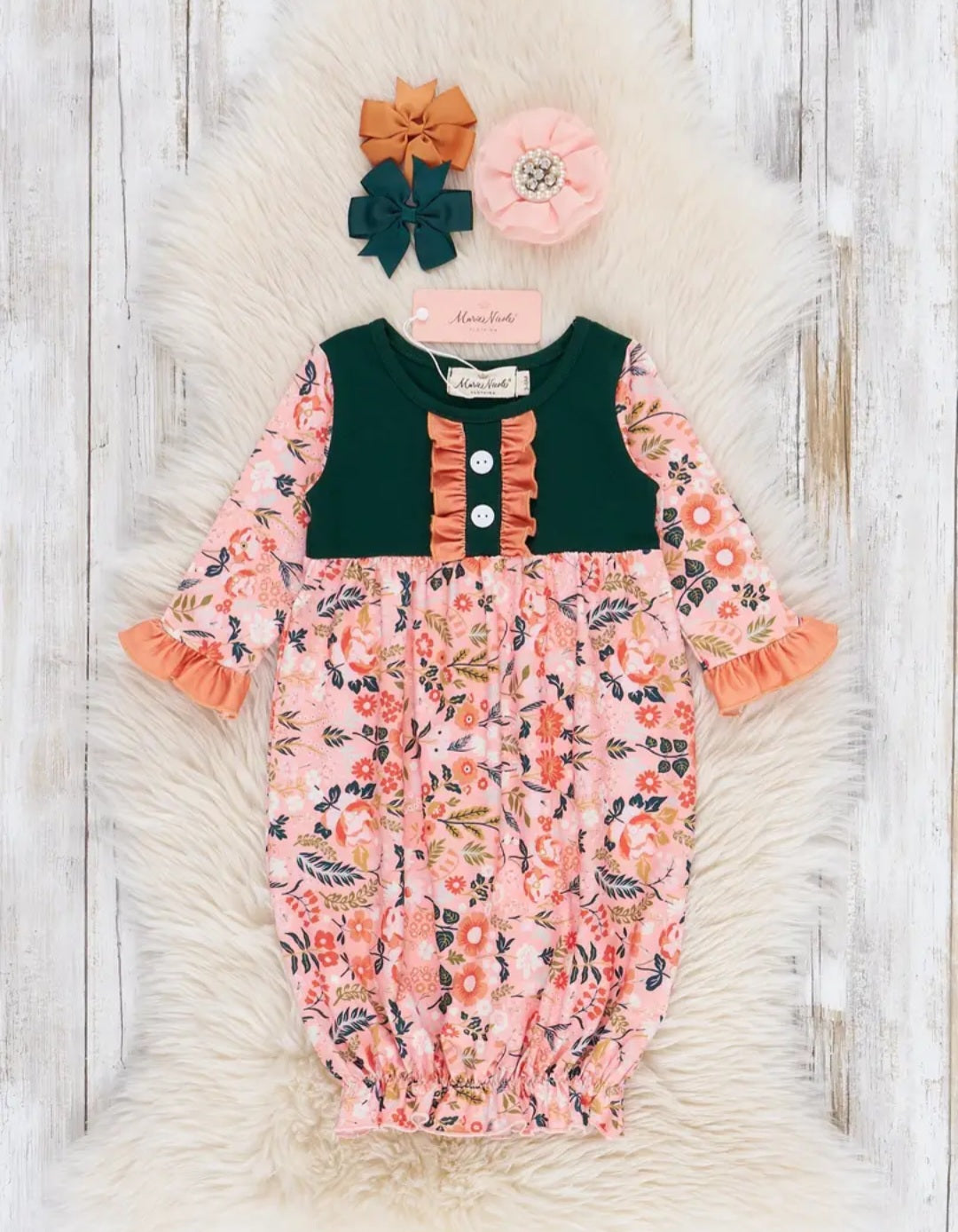 Marie Nicole Golden Garden Party Ruffle Knot Gown Sz 0-3M