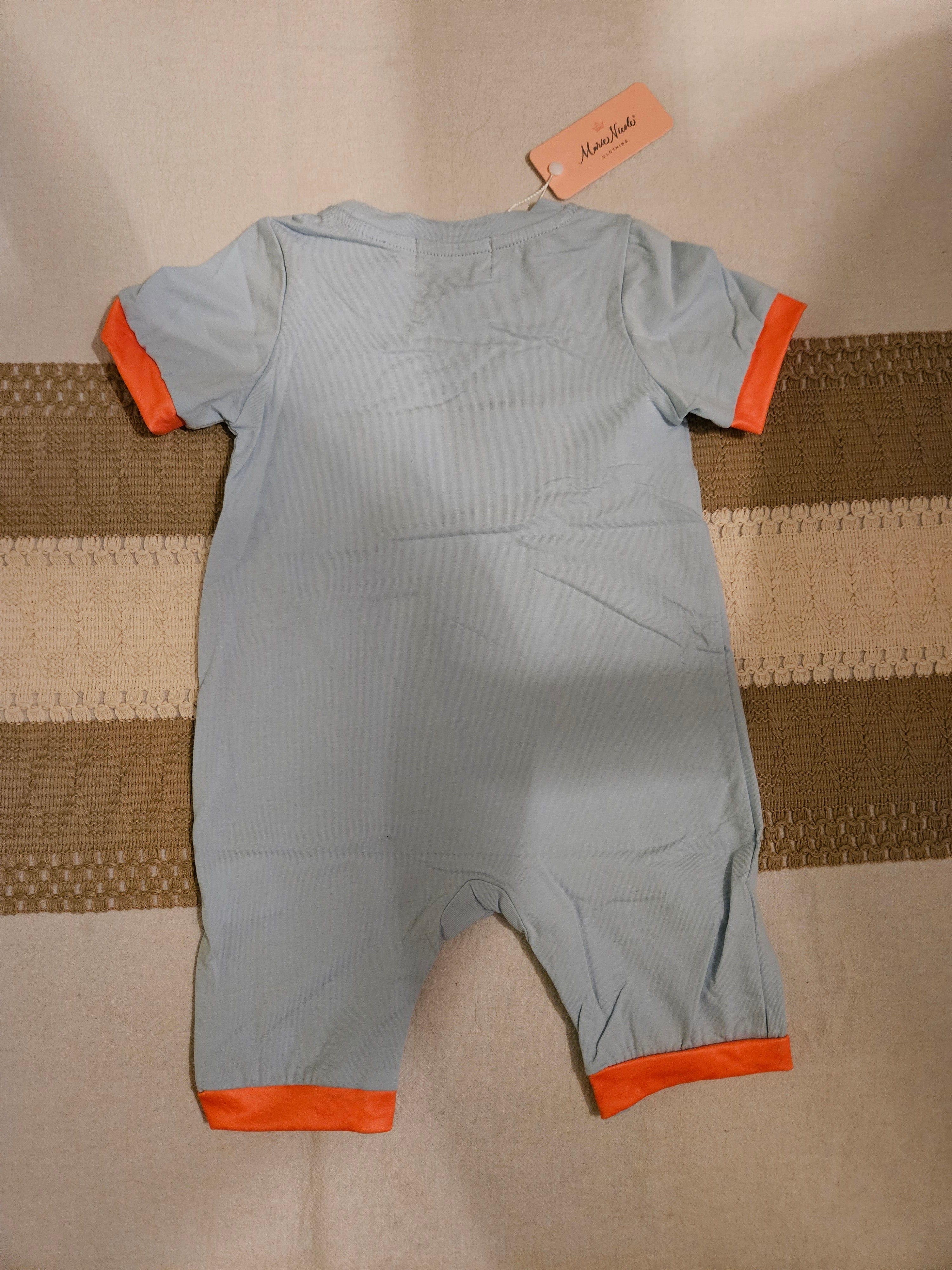 Marie Nicole Baby Blue & Orange Smocked Bunny Romper Sz 6-12M