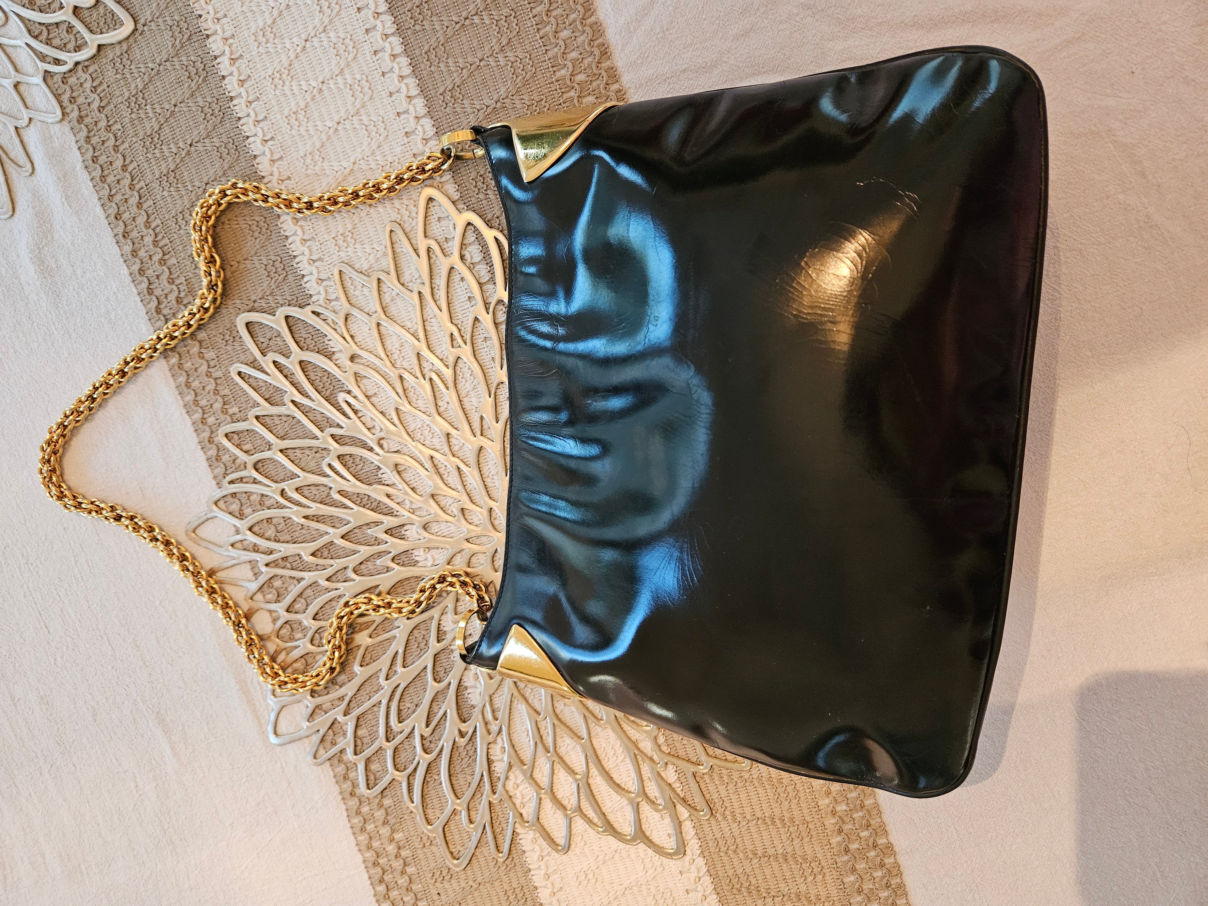 Preloved Vintage Authentic GUCCI 1970's Blk Patent & Gold handbag