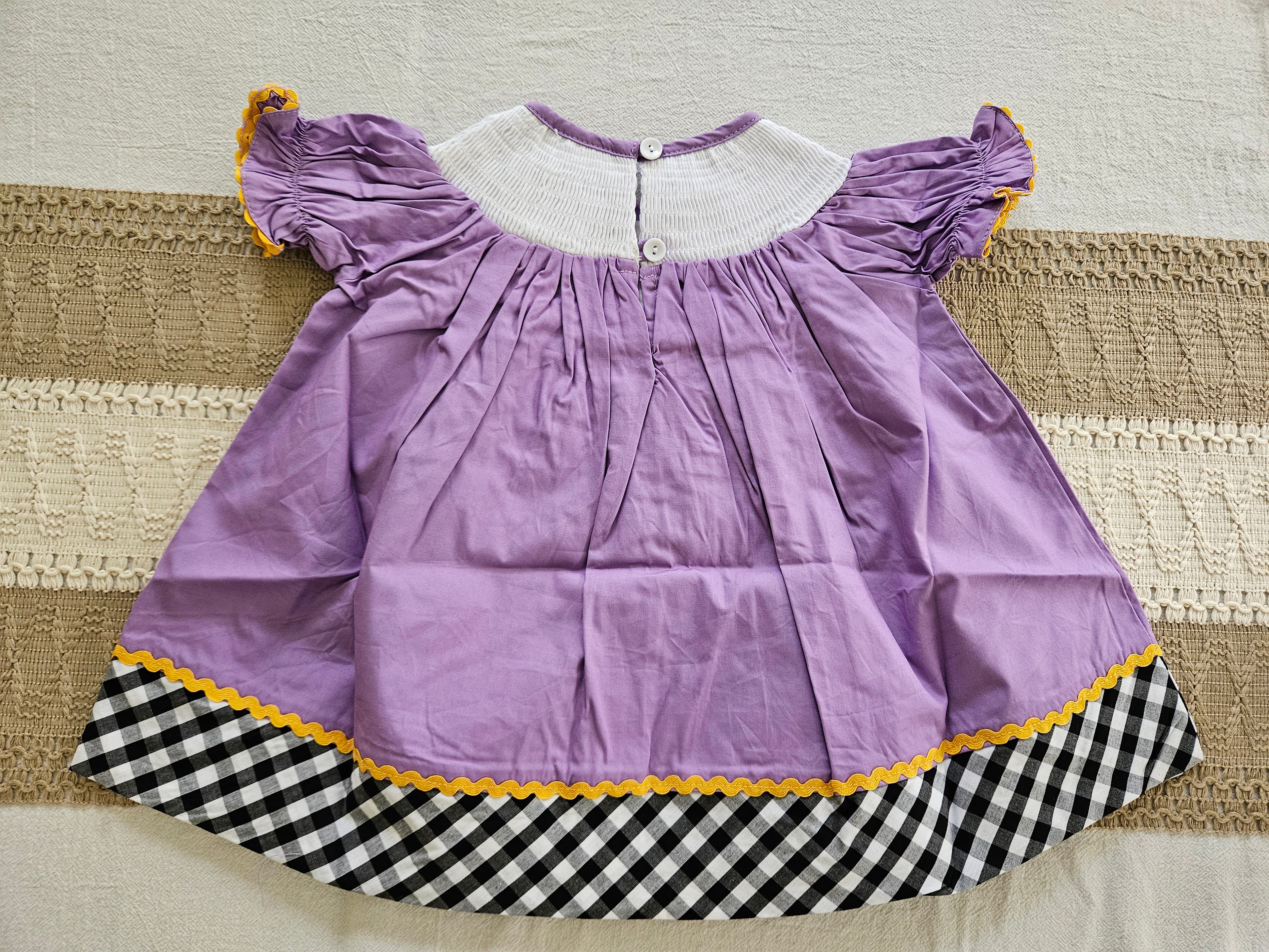 Lil Cactus Purple, Black & White Gingham Smocked Jack O'Lantern Dress Size 3–6M
