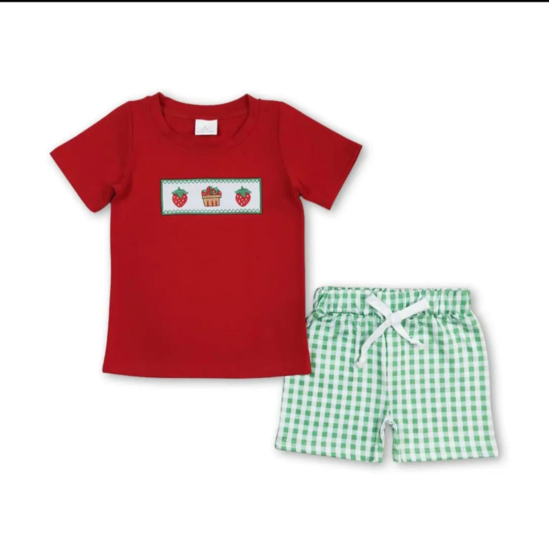 Yawoo Boys Strawberry Smocked Shirt & Gingham Shorts Set 🍓 | Size 3T