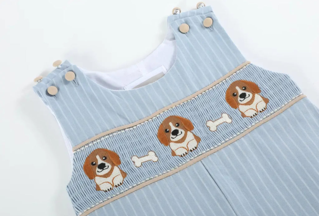Lil' Cactus Light Blue Puppy Smocked Overalls Sz 6-12M