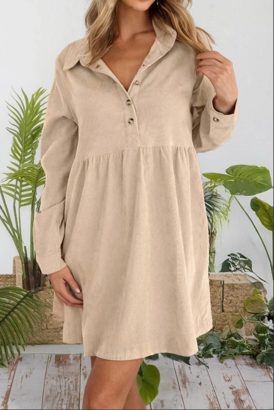 Corduroy Half Button Collared Long Sleeve Dress