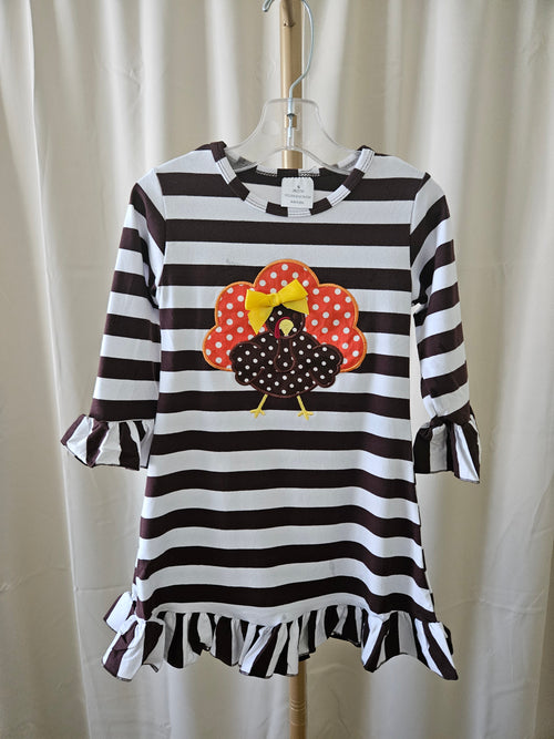 Amor Babee Brown & White Striped Turkey Appliqué Ruffle Dress Sz 3T
