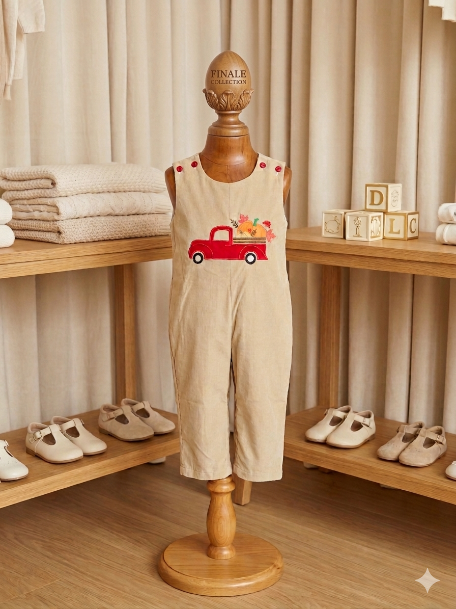 Lil Cactus Tan Corduroy Jon Jon w/ Truck & Pumpkin Appliqué Sz 2T