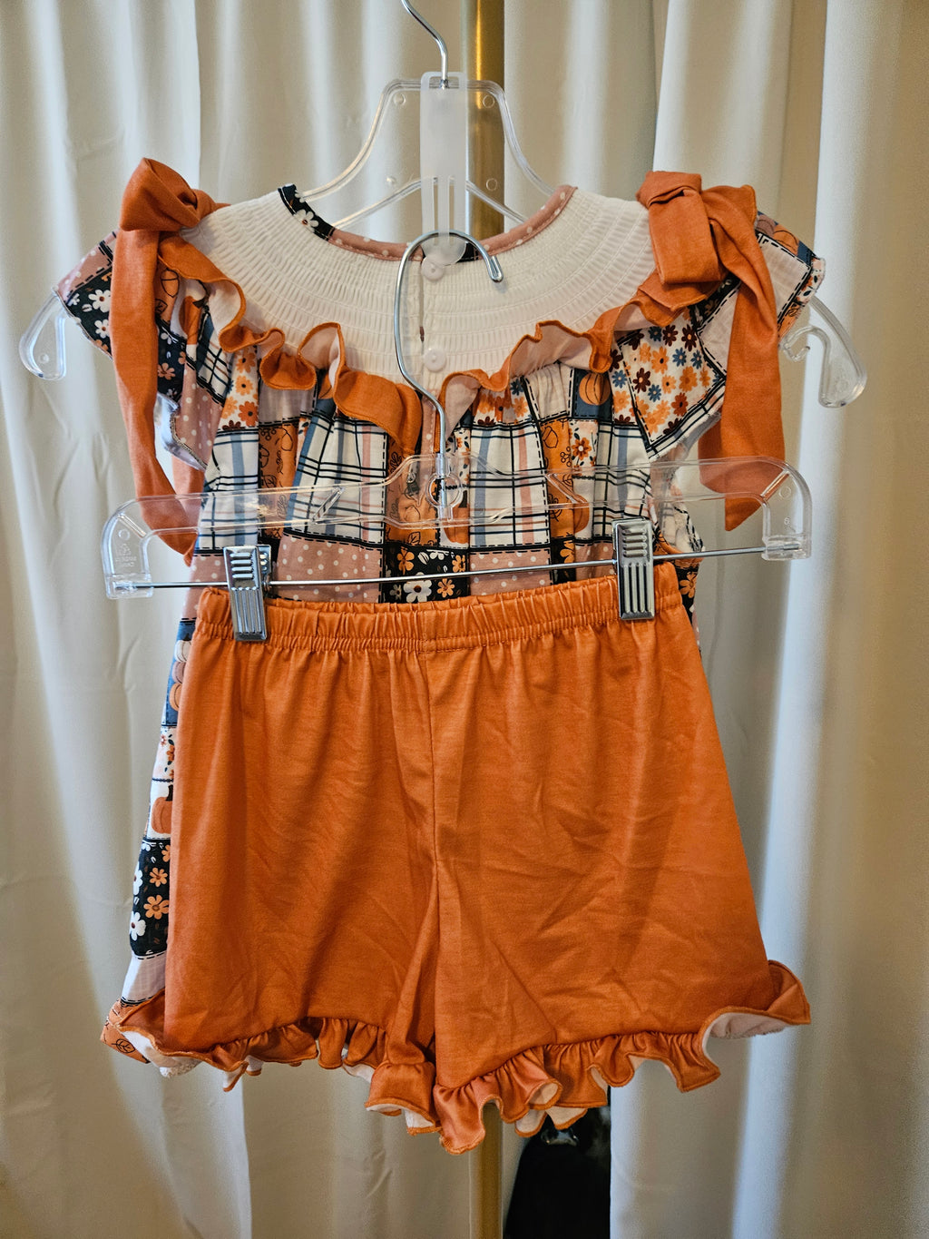 Custom Made Pumpkin Patchwork Print Flutter Sleeve Short Set Size 5T