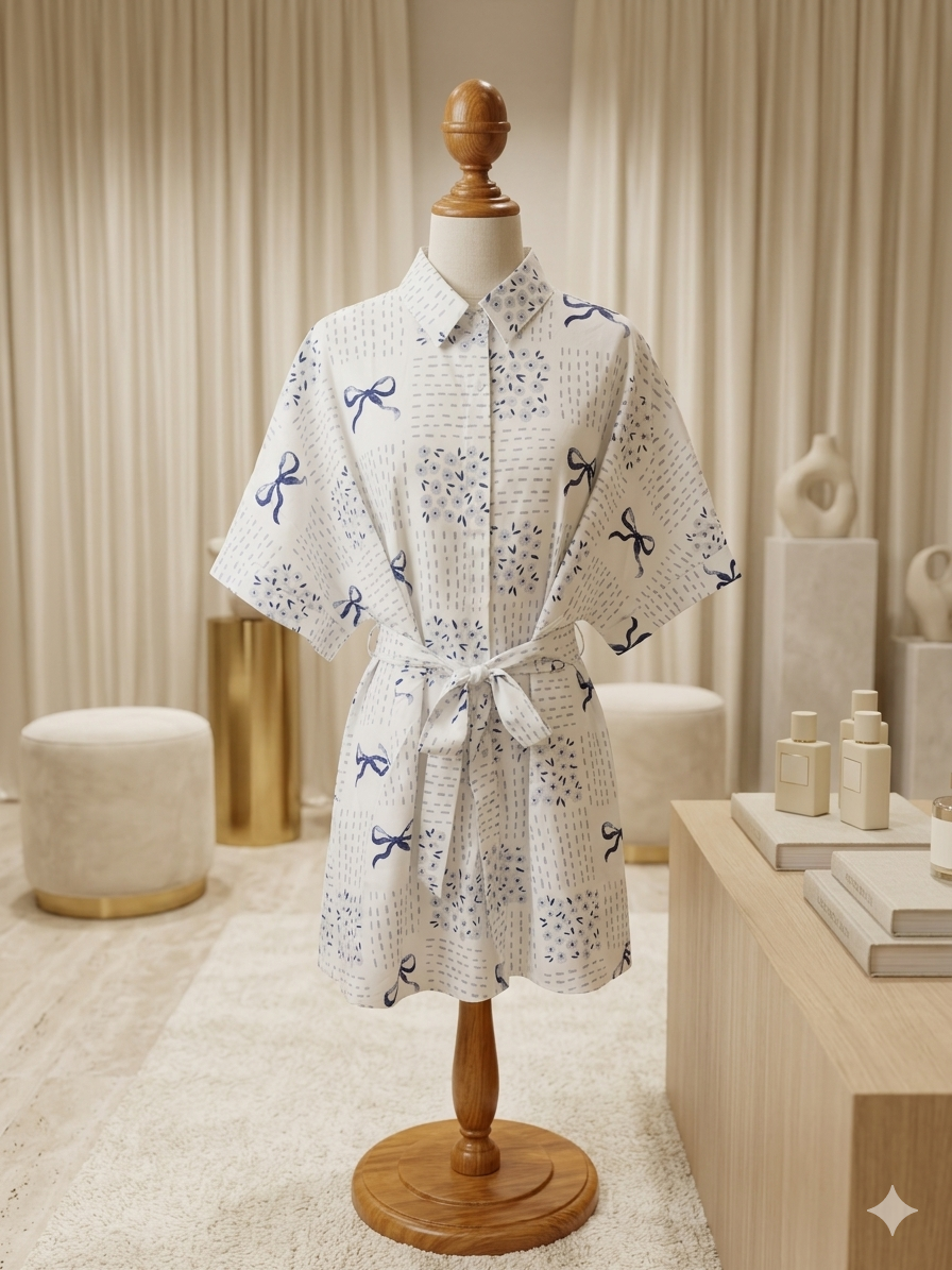 Rosa Clothing Blue & White Floral Bow Romper Blouse | Tie Waist | NWT