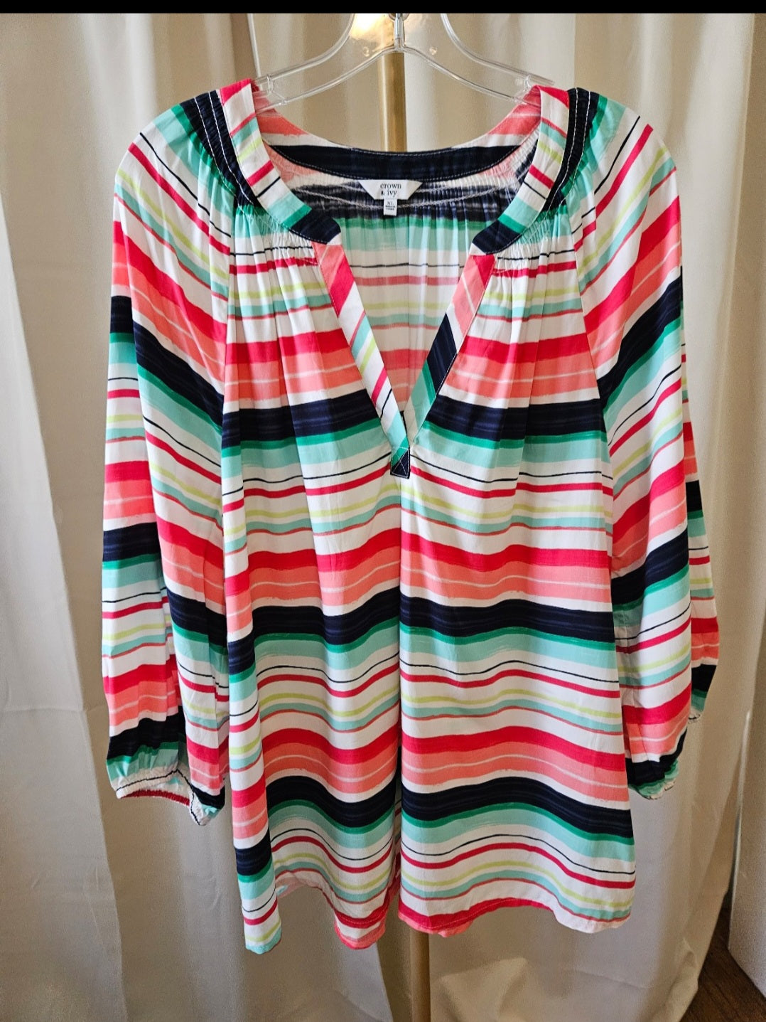 Crown & Ivy XL Bright Striped Blue, Green & White Blouse