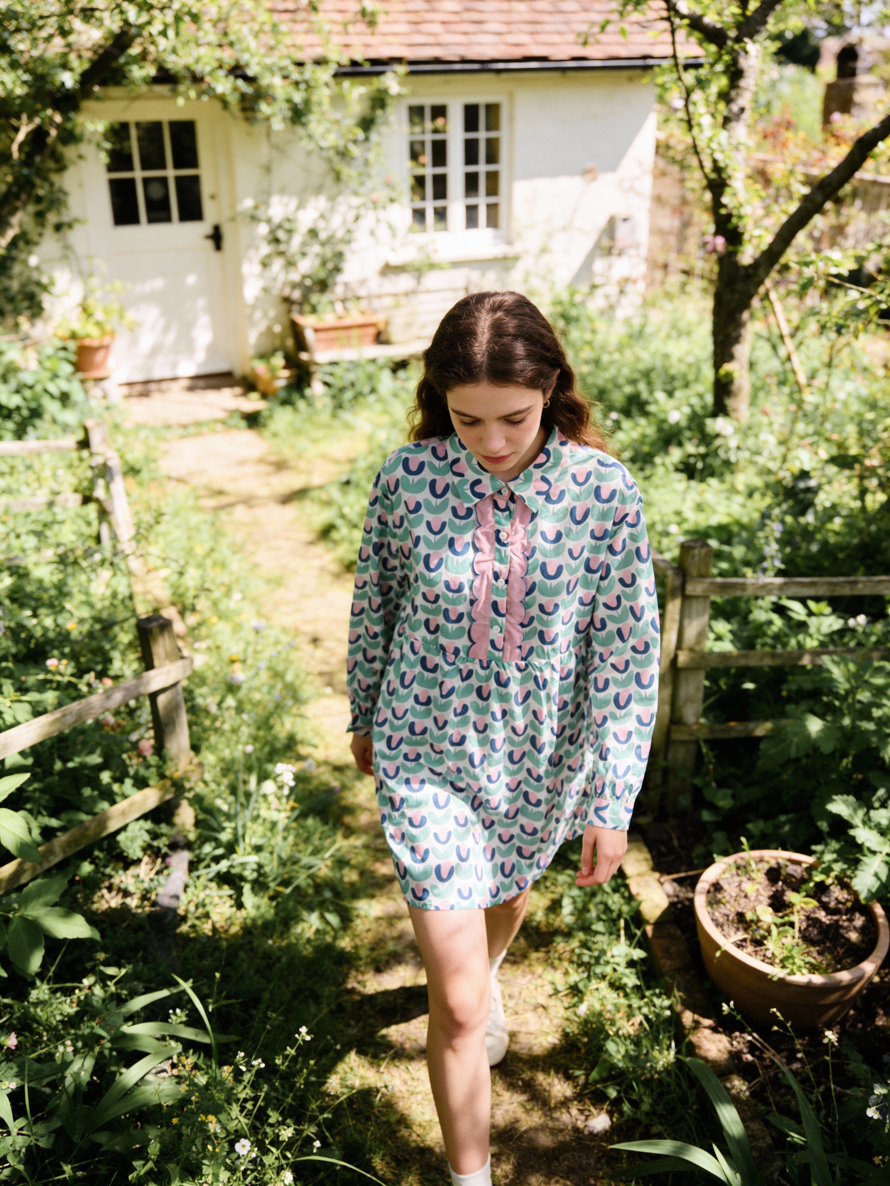 Lovesoft Green Floral Print Notched Neck Scallop Design Long Sleeve Mini Dress