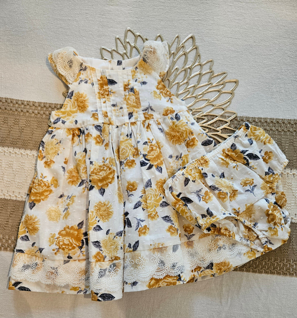 Tahari Baby Dress with Yellow Floral and Lace Sz 18M