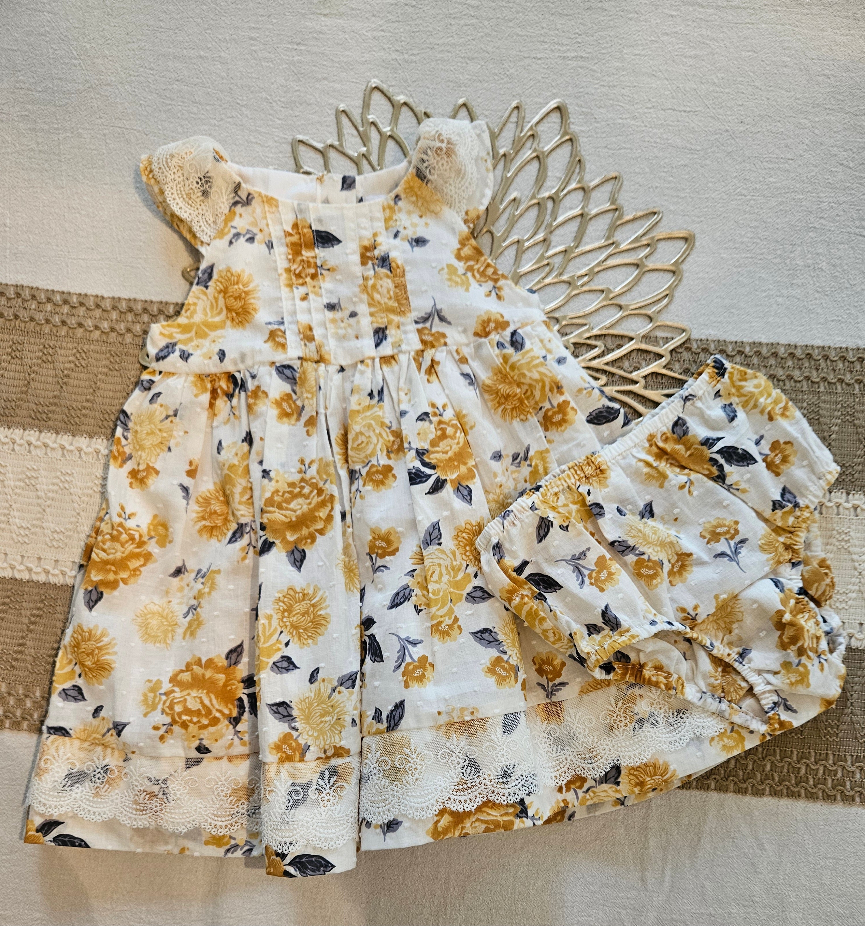 Tahari Baby Dress with Yellow Floral and Lace Sz 18M