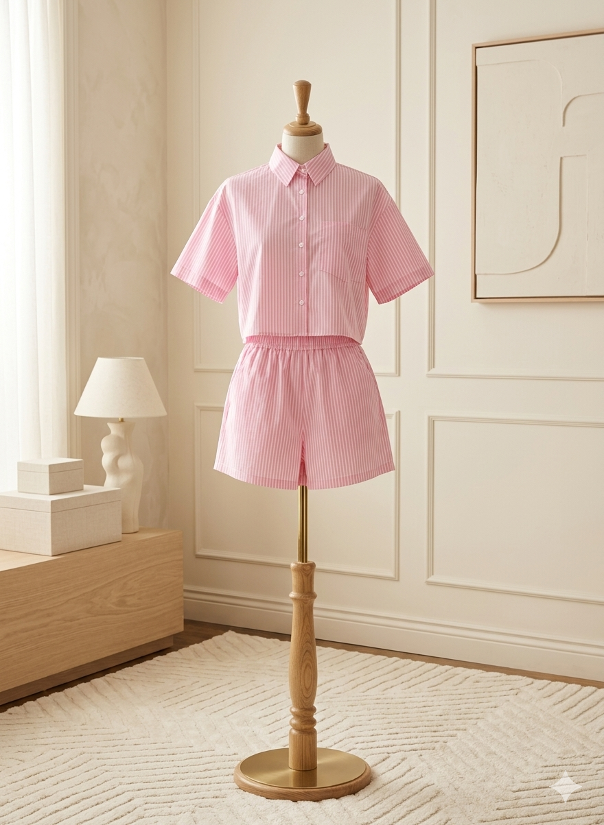 Rosa Clothing Pink & White 2PC Shorts Set Tie Back Top Elastic Waist