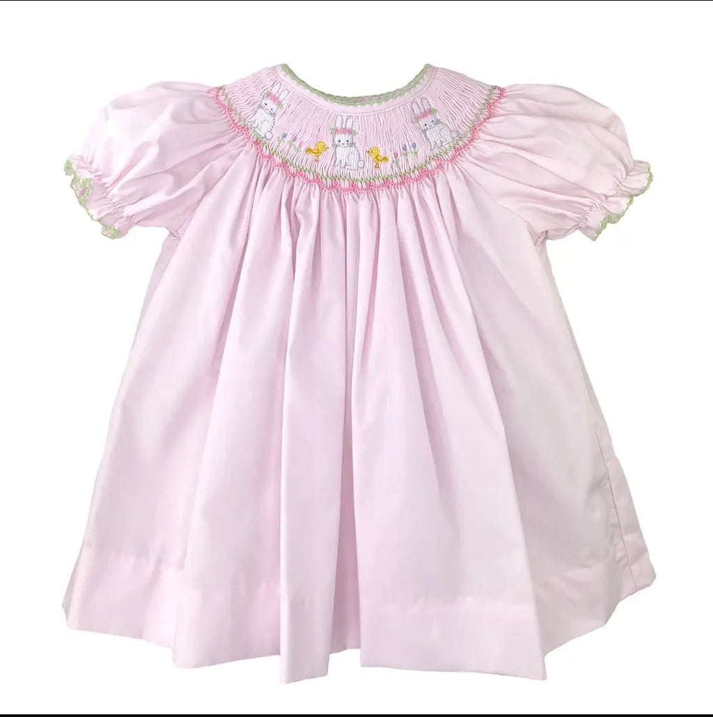 Petit Ami Light Pink Bishop Dress With Easter Bunny Smocking