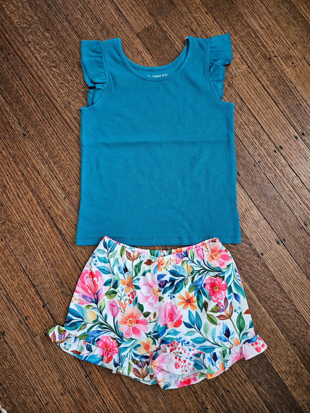 Millie Loves Lily Teal Ribbed Ruffle Cap Sleeve Top & Bright Floral Shorts Set