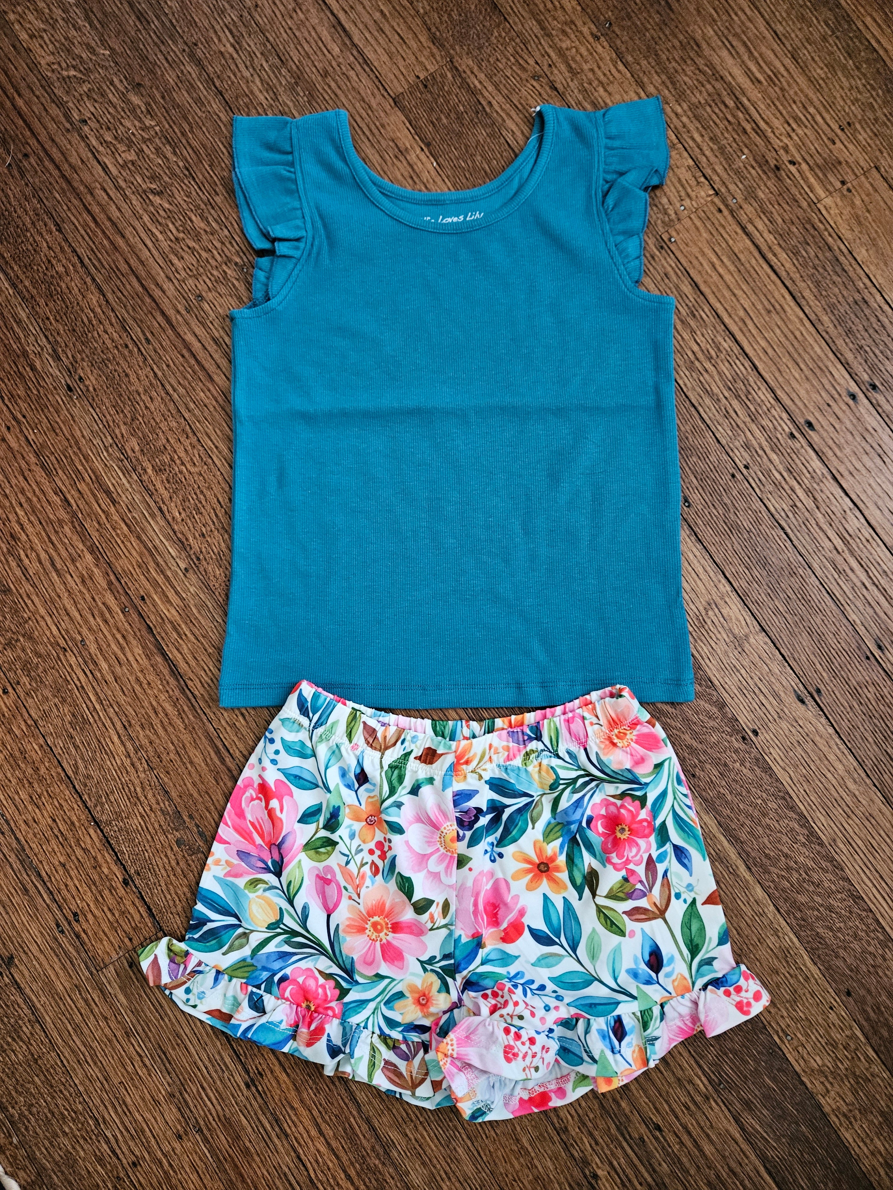 Millie Loves Lily Teal Ribbed Ruffle Cap Sleeve Top & Bright Floral Shorts Set
