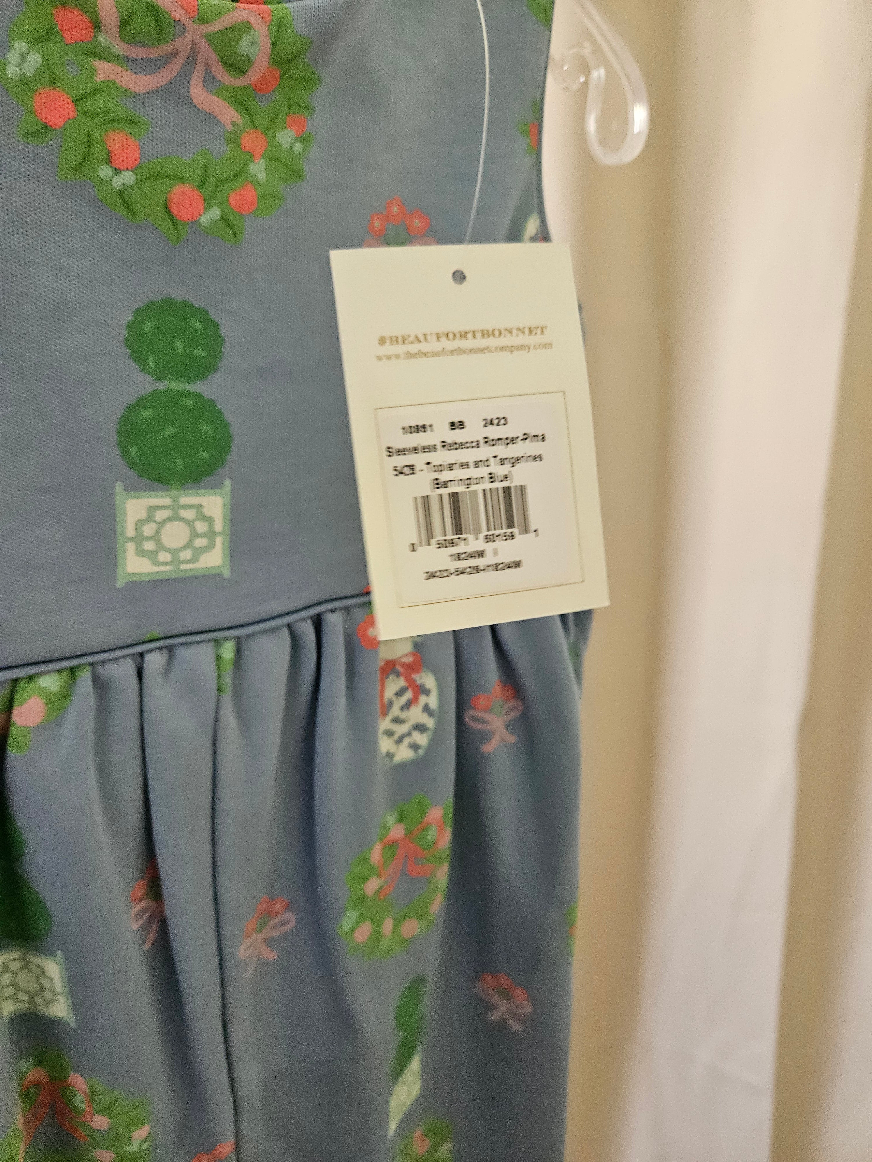 The Beaufort Bonnet Company Rebecca Romper Topiaries & Tangerines Barrington Blue NWT 18-24M
