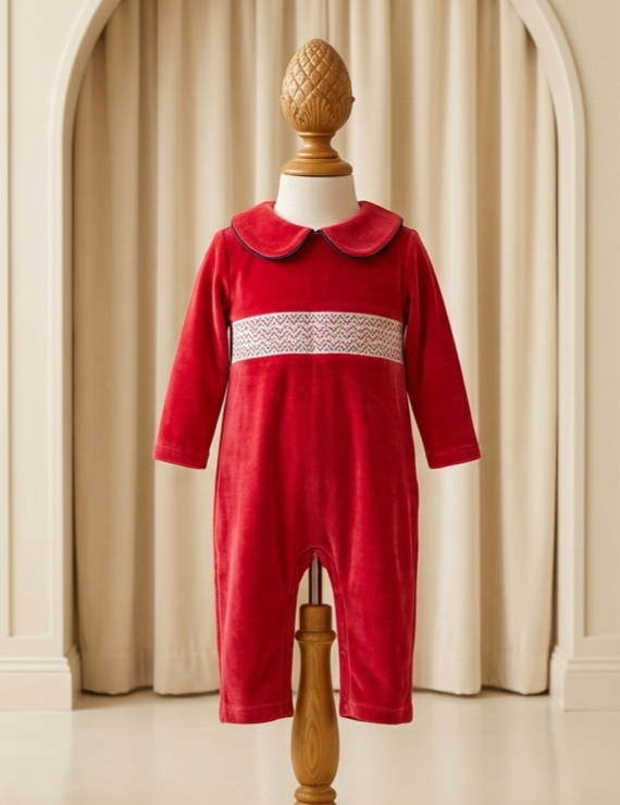 The Beaufort Bonnet Company Red Velour Samuel Smocked Romper |