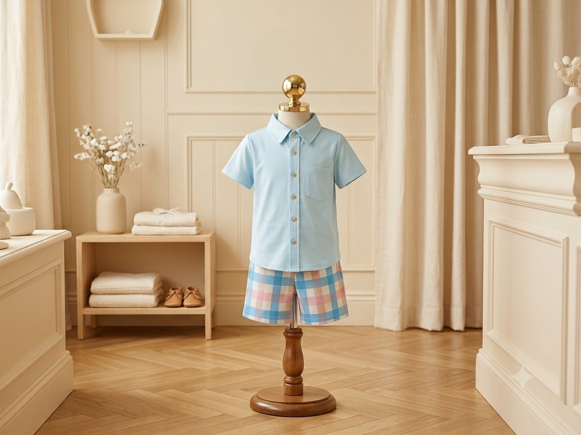Millie Loves Lily Baby Blue Collared Shirt & Pastel Plaid Shorts Set | Sizes 3 & 5