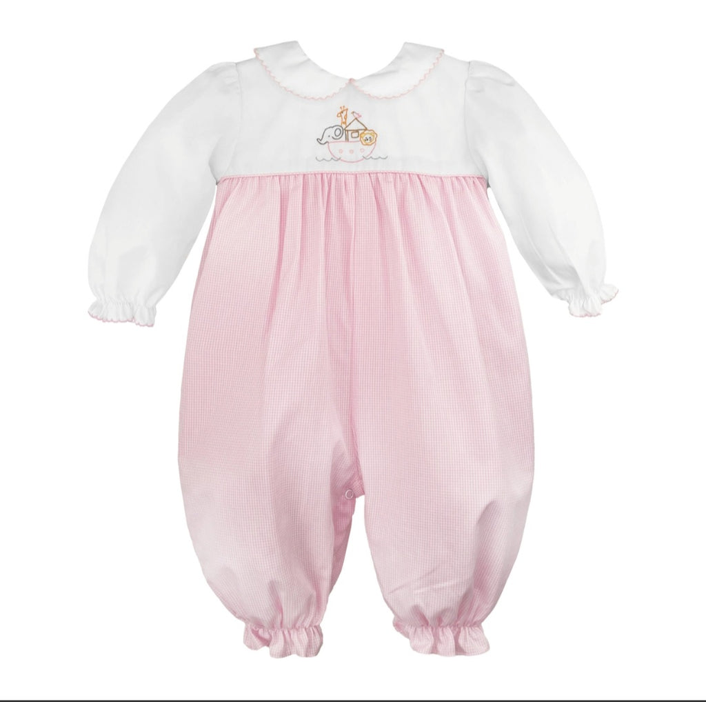 Petit Ami Pink and White Noah's Ark Embroidered Longall
