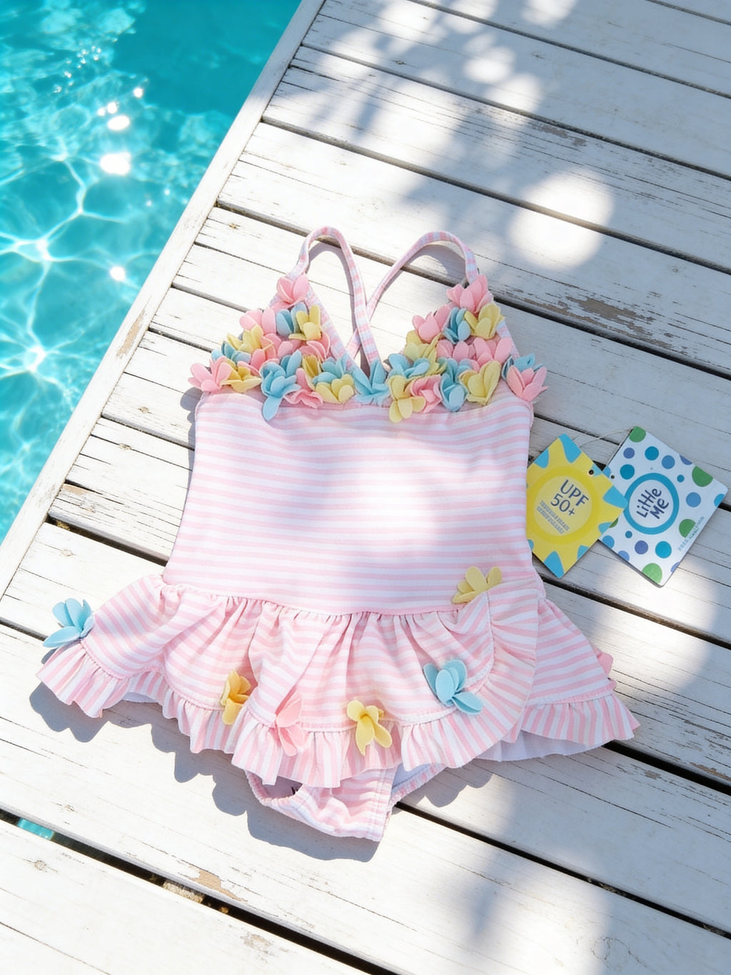 🌸 Little Me Pink & White Striped Floral Swimsuit – 12 Months 🌸