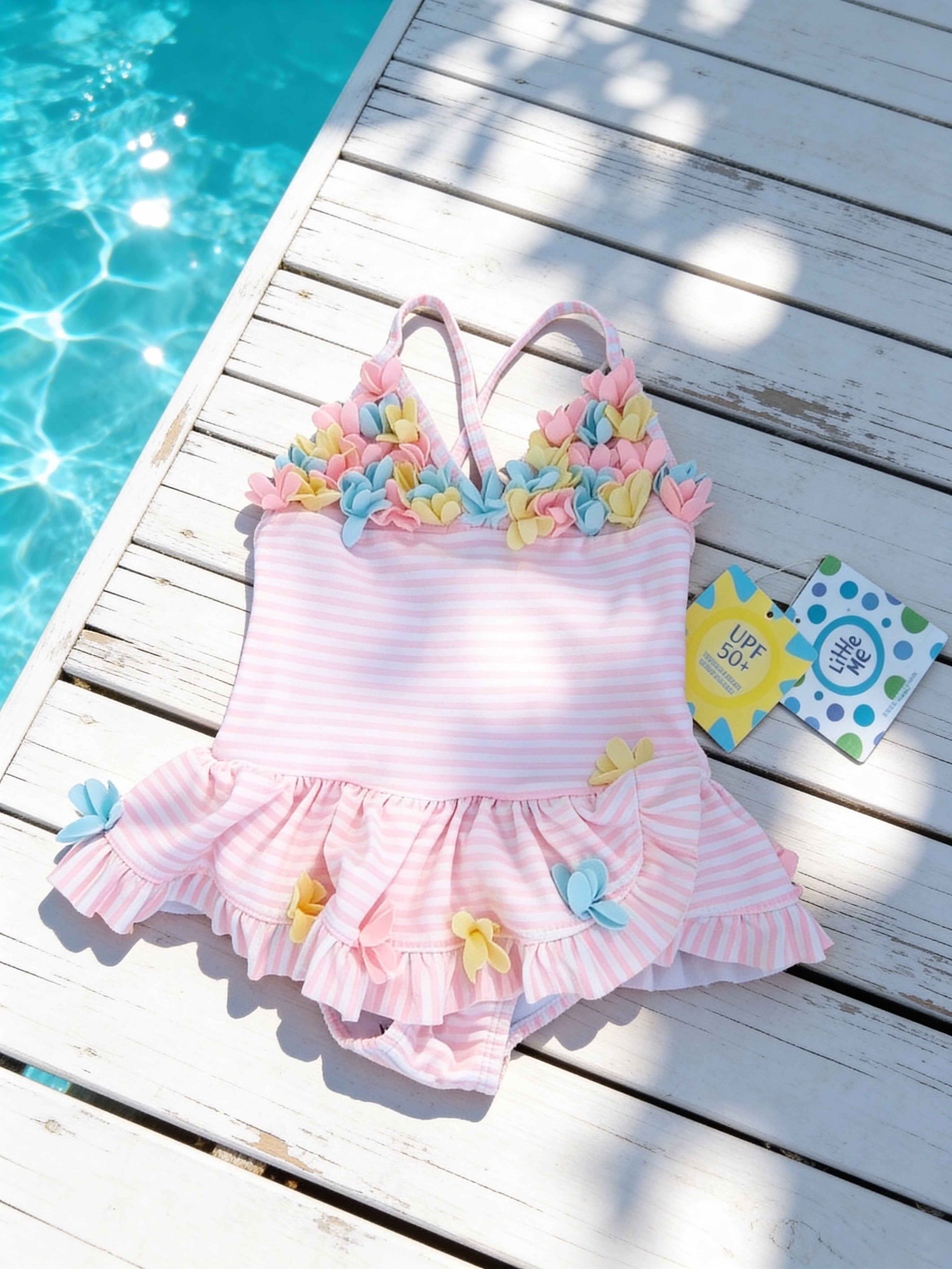 🌸 Little Me Pink & White Striped Floral Swimsuit – 12 Months 🌸