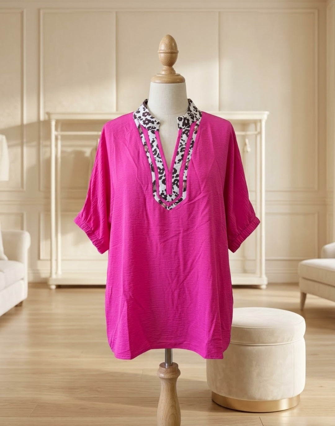 Bright Pink Animal Print Accent Blouse | Size 3X