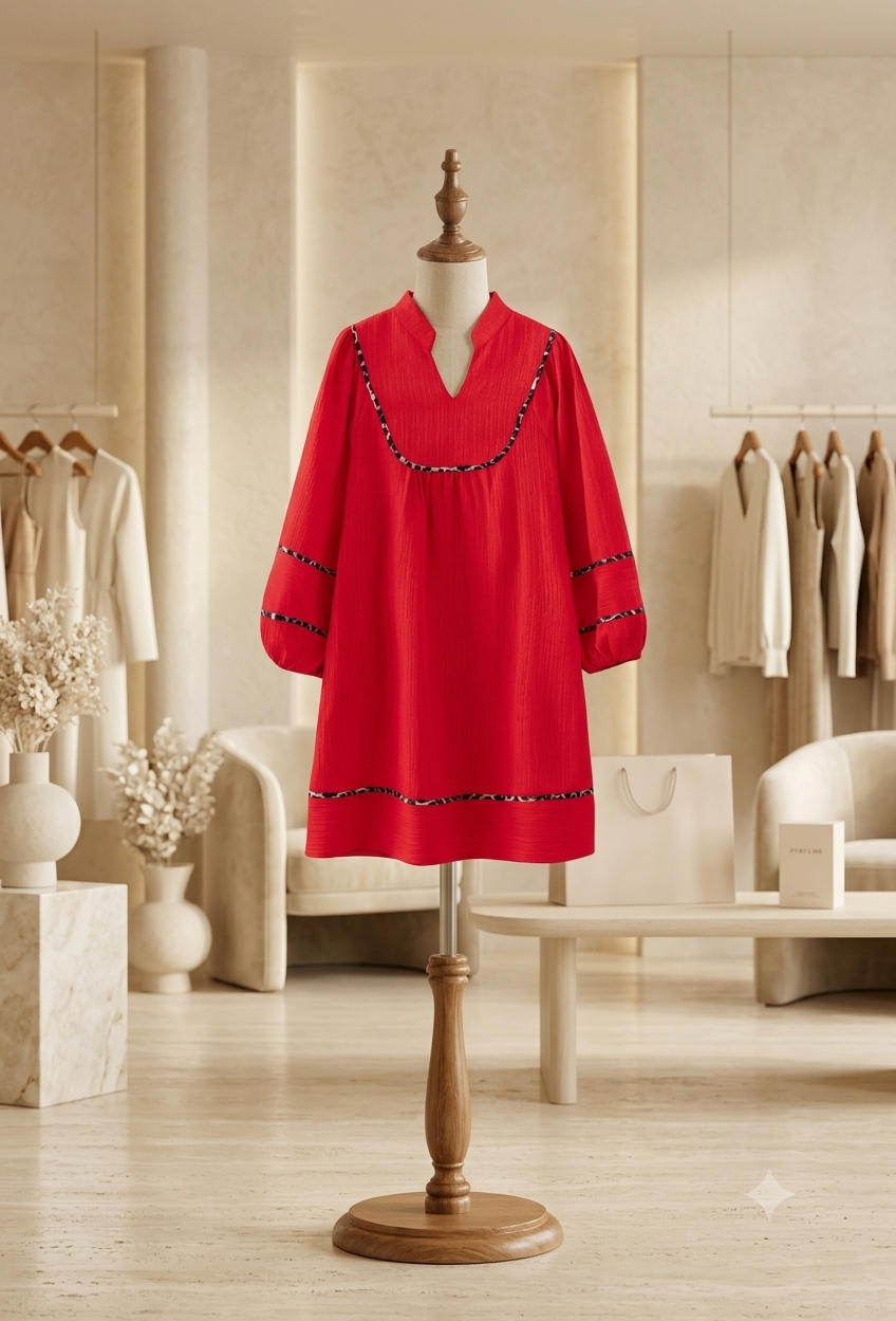 Fiery Red Textured V Neck Leopard Contrasted Trim Long Sleeve Shift Mini Dress Online Only