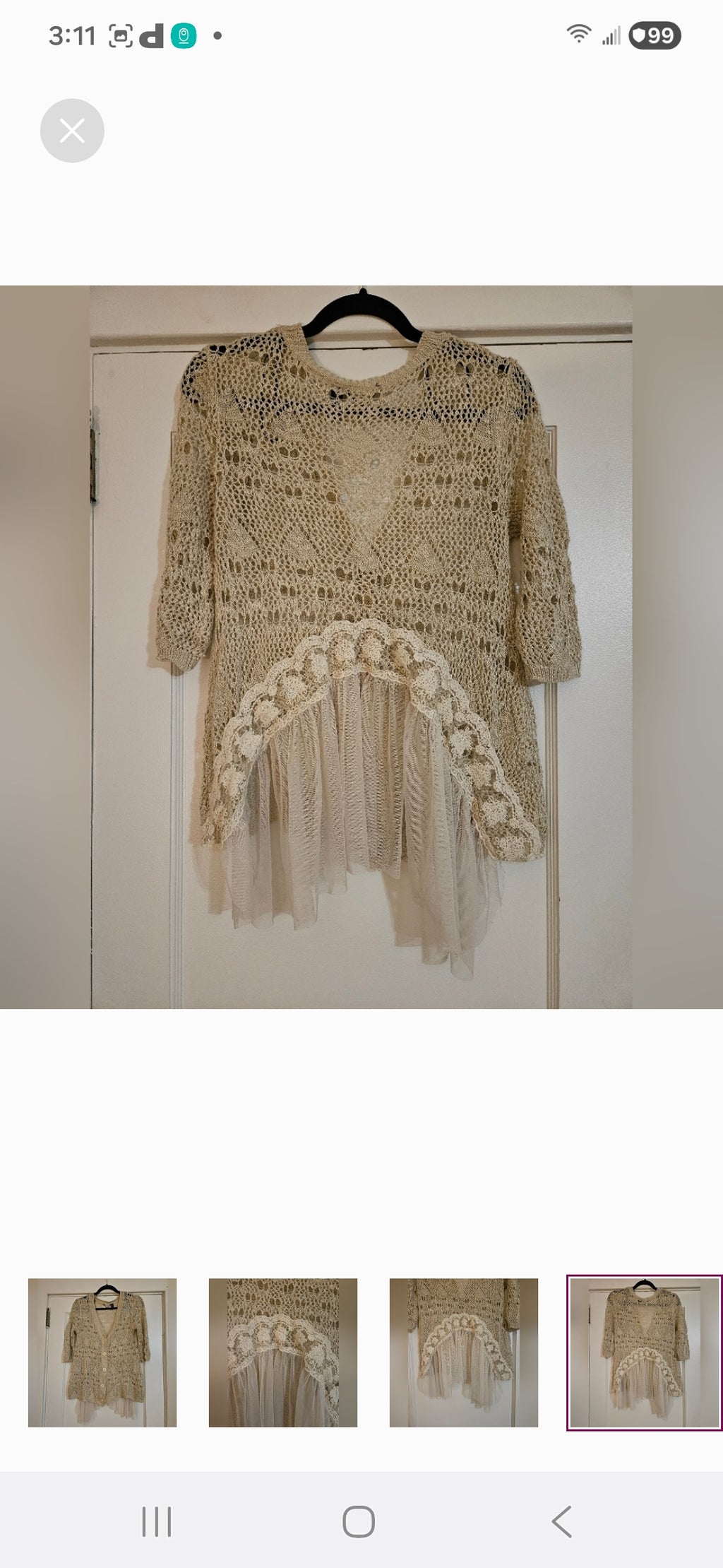 BKE Crochet Button Up Sweater with lace and Shear accent in back Size Small