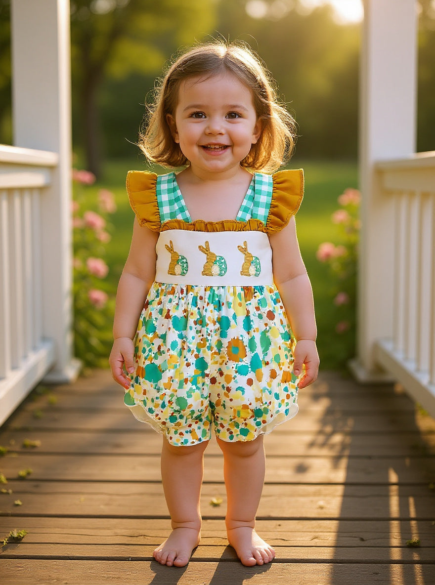 Marie Nicole Green Embroidered Bunny Gingham Ruffle Bubble Sz 12-18M