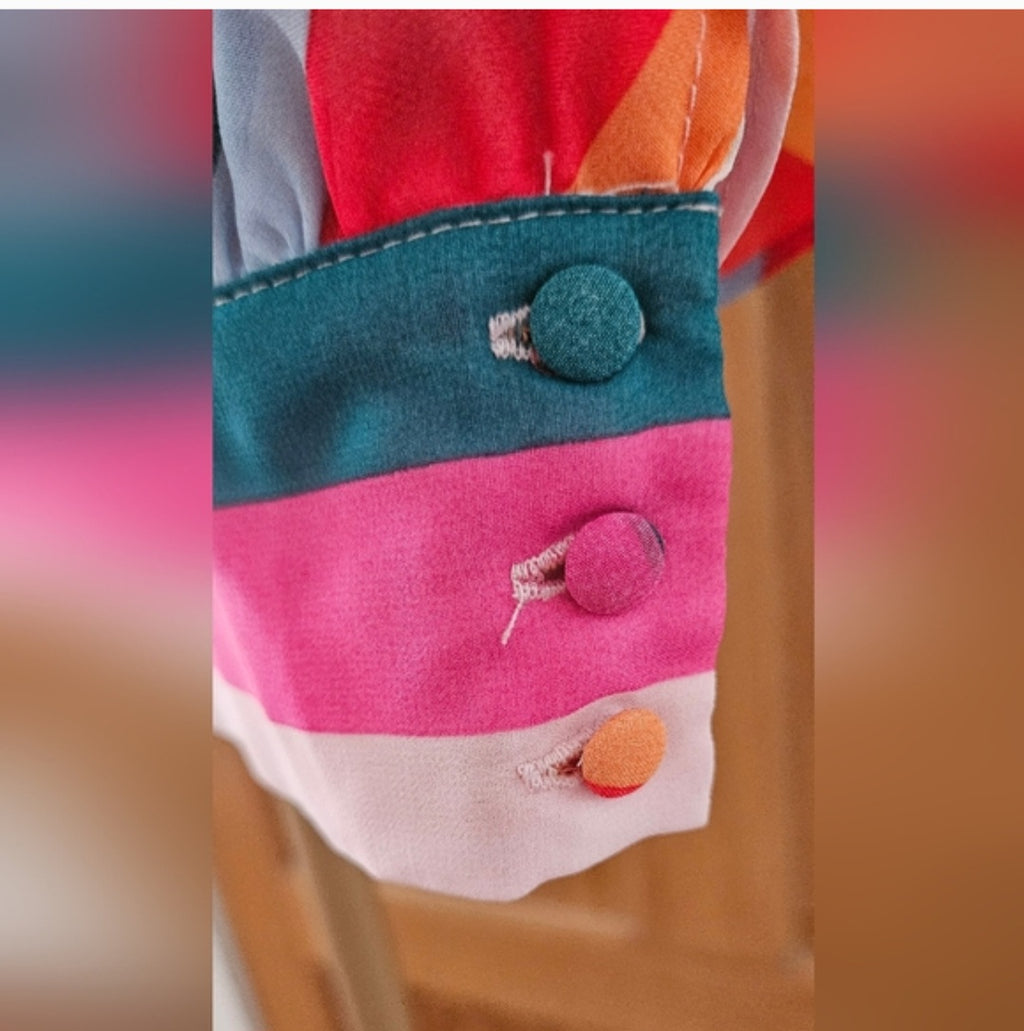 Aqua Cropped Striped Flutter Sleeve Blouse, Side button Size Med,Fitted band 30"