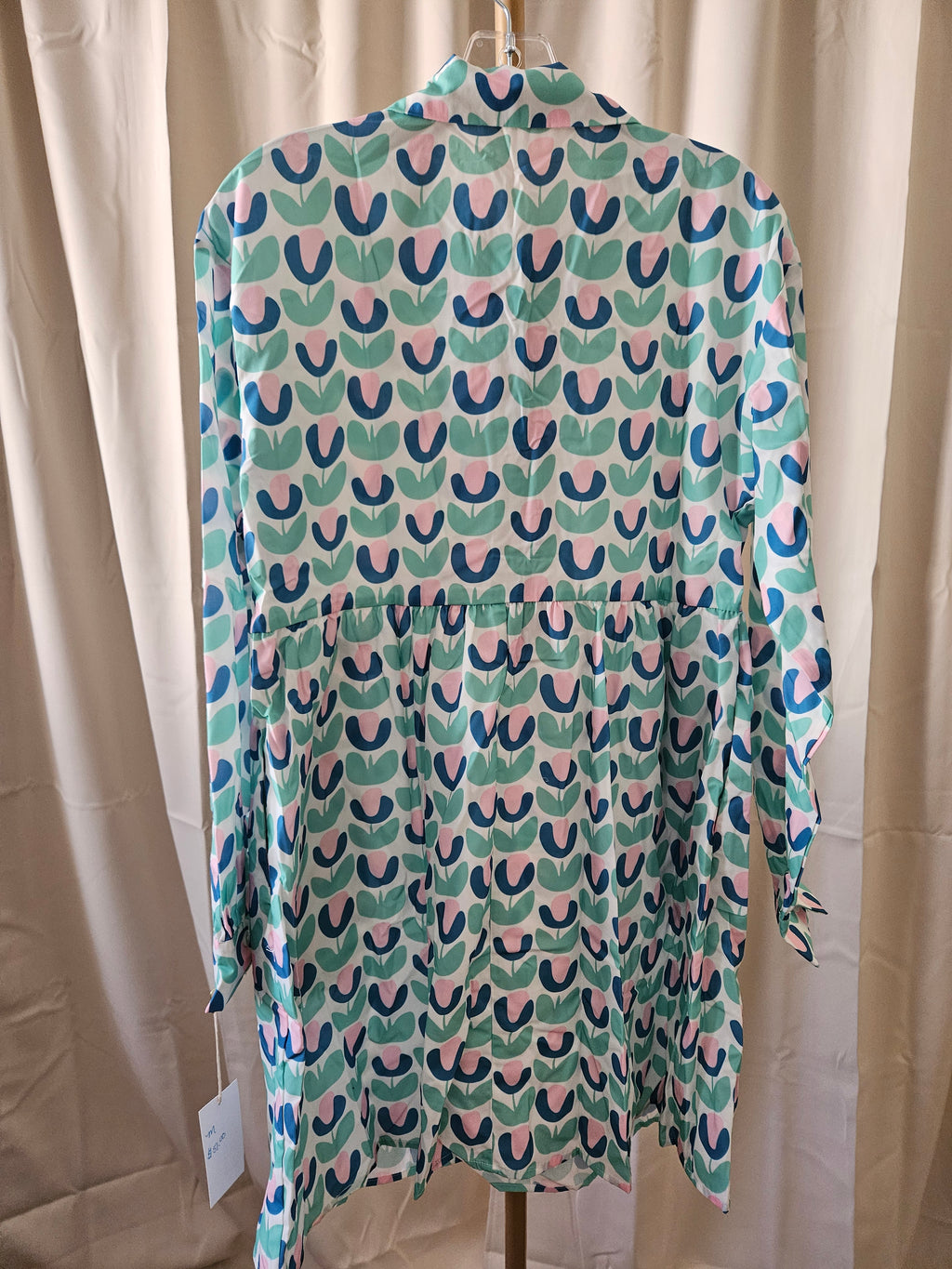 Lovesoft Green Floral Print Notched Neck Scallop Design Long Sleeve Mini Dress