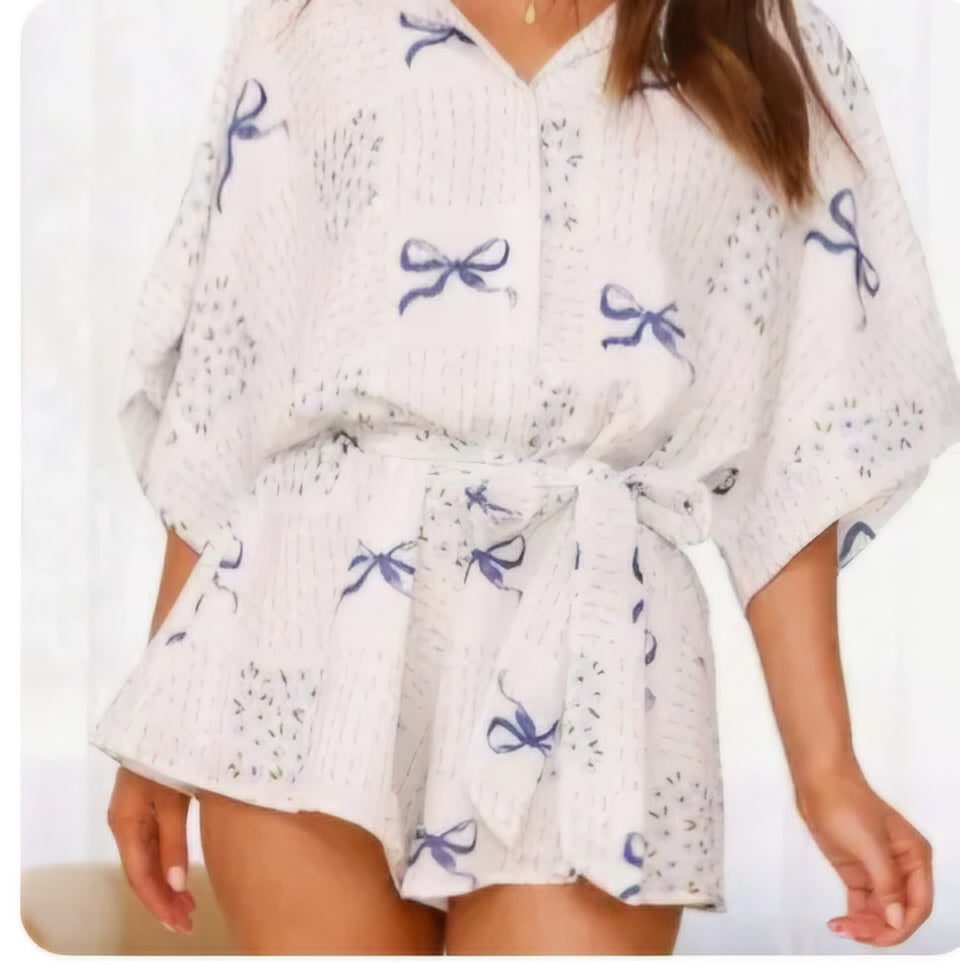 Rosa Clothing Blue & White Floral Bow Romper Blouse | Tie Waist | NWT