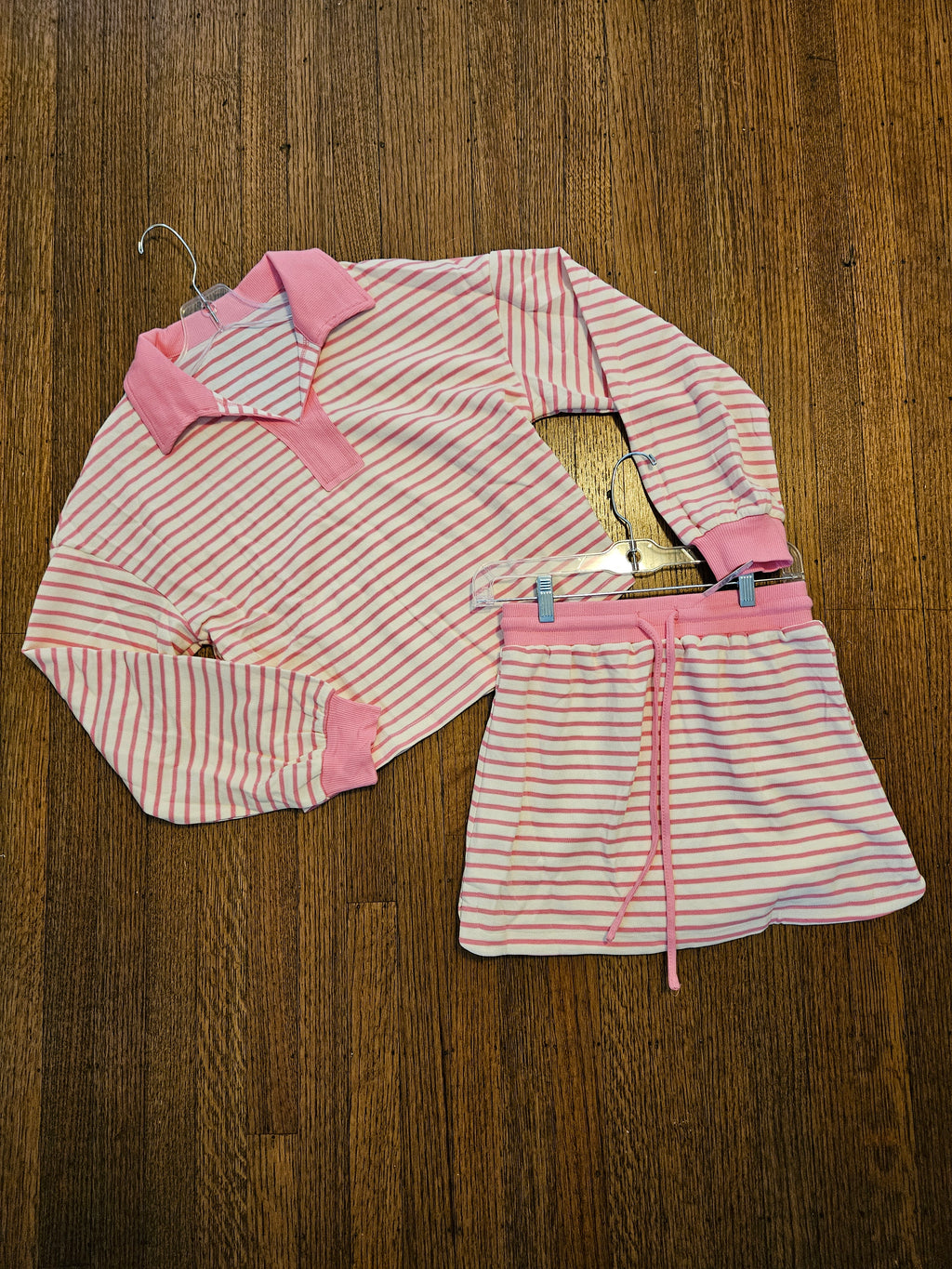 Pink Striped 2pc Collared Pullover & Skort Outfit