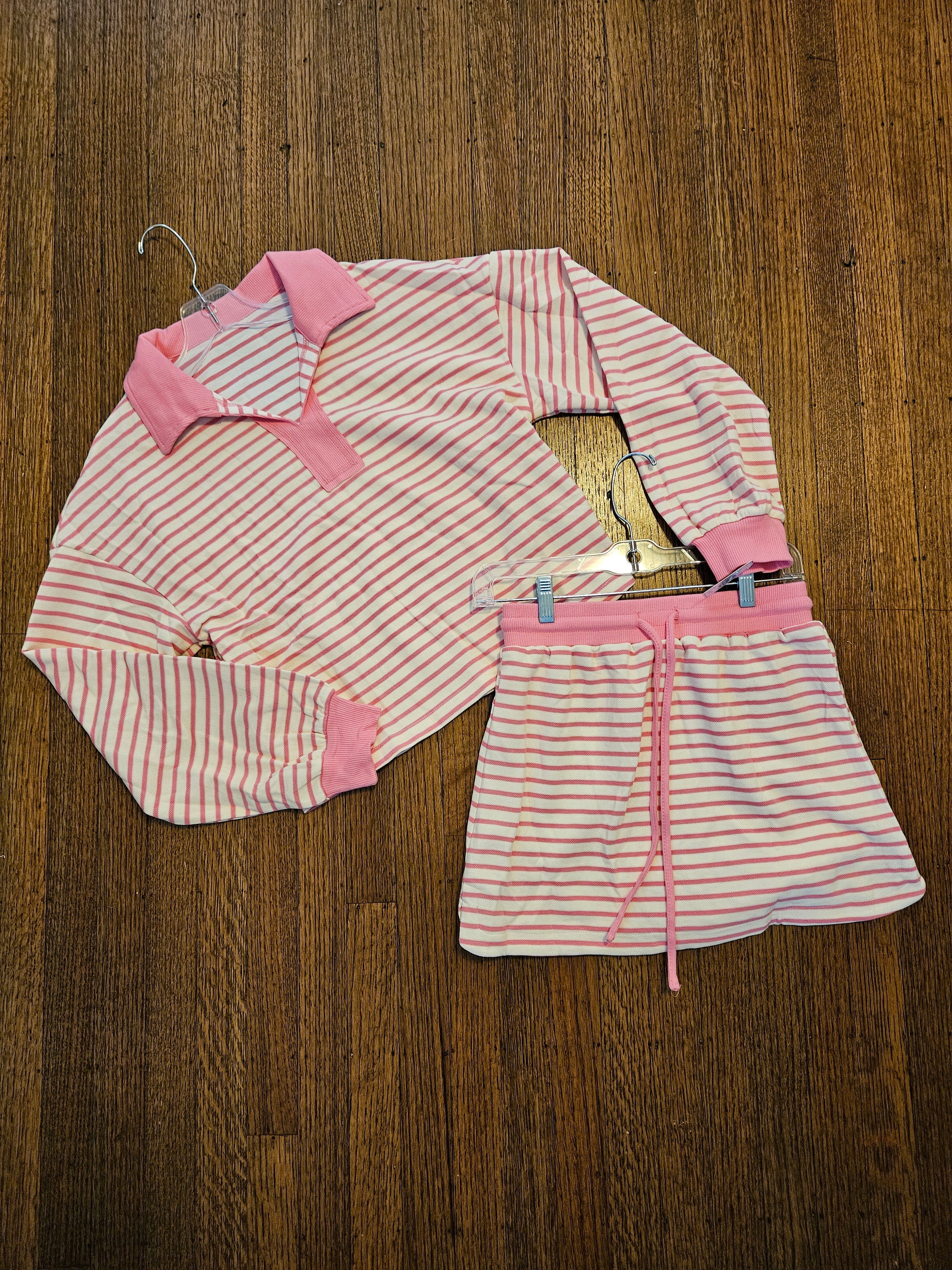 Pink Striped 2pc Collared Pullover & Skort Outfit