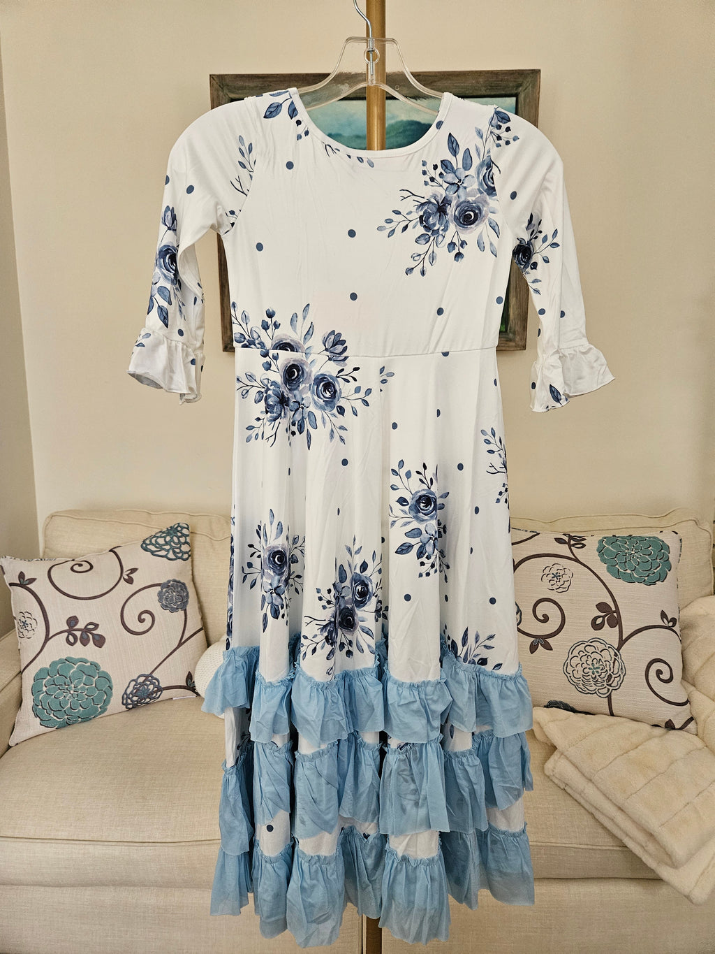 Oopsie Daisy Blue Floral Long Ruffle Dress