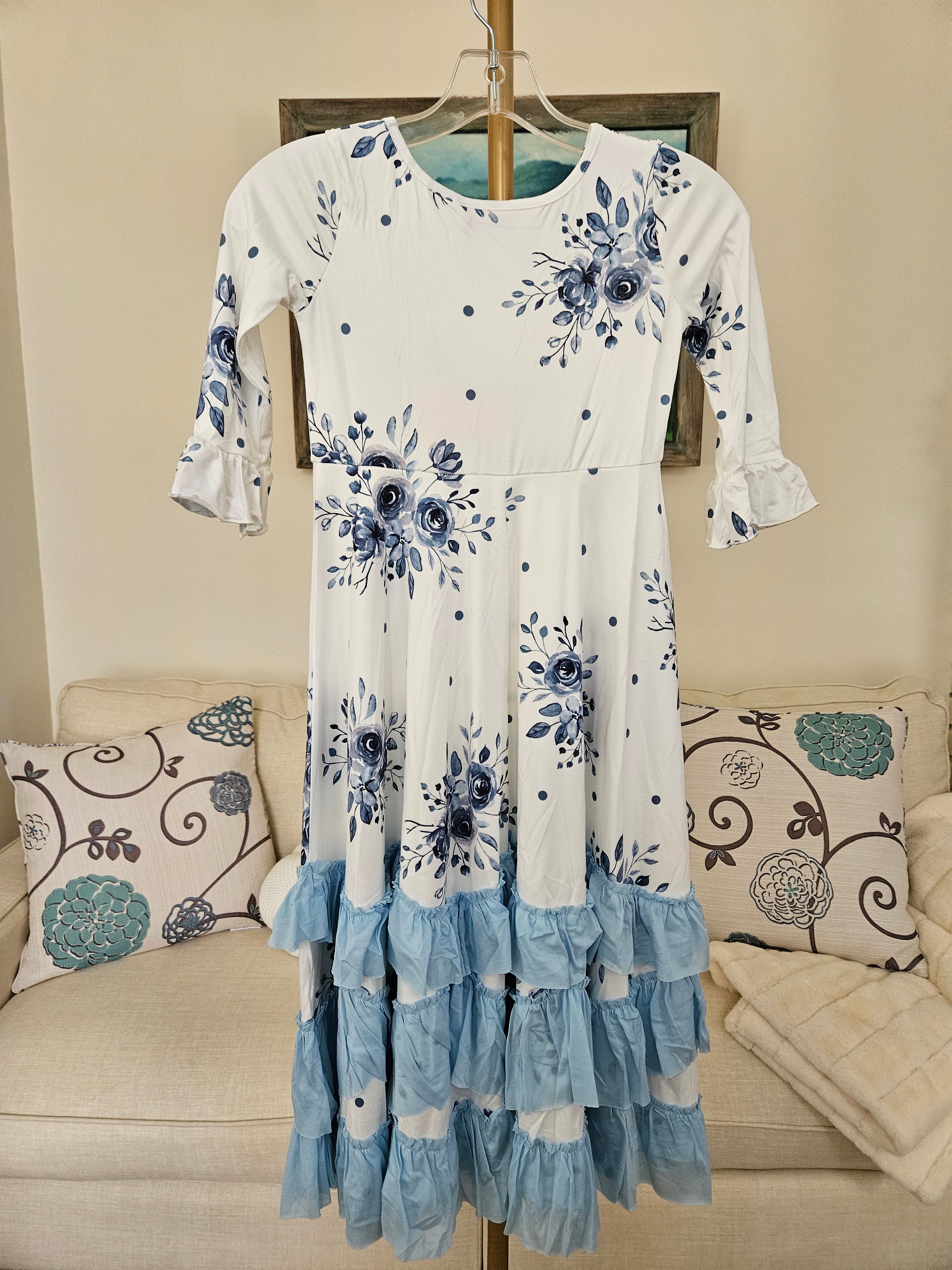 Oopsie Daisy Blue Floral Long Ruffle Dress