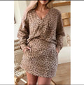 Lovesoft Light French Beige Leopard Print V-Neck Pullover Mini Skirt 2pc Set
