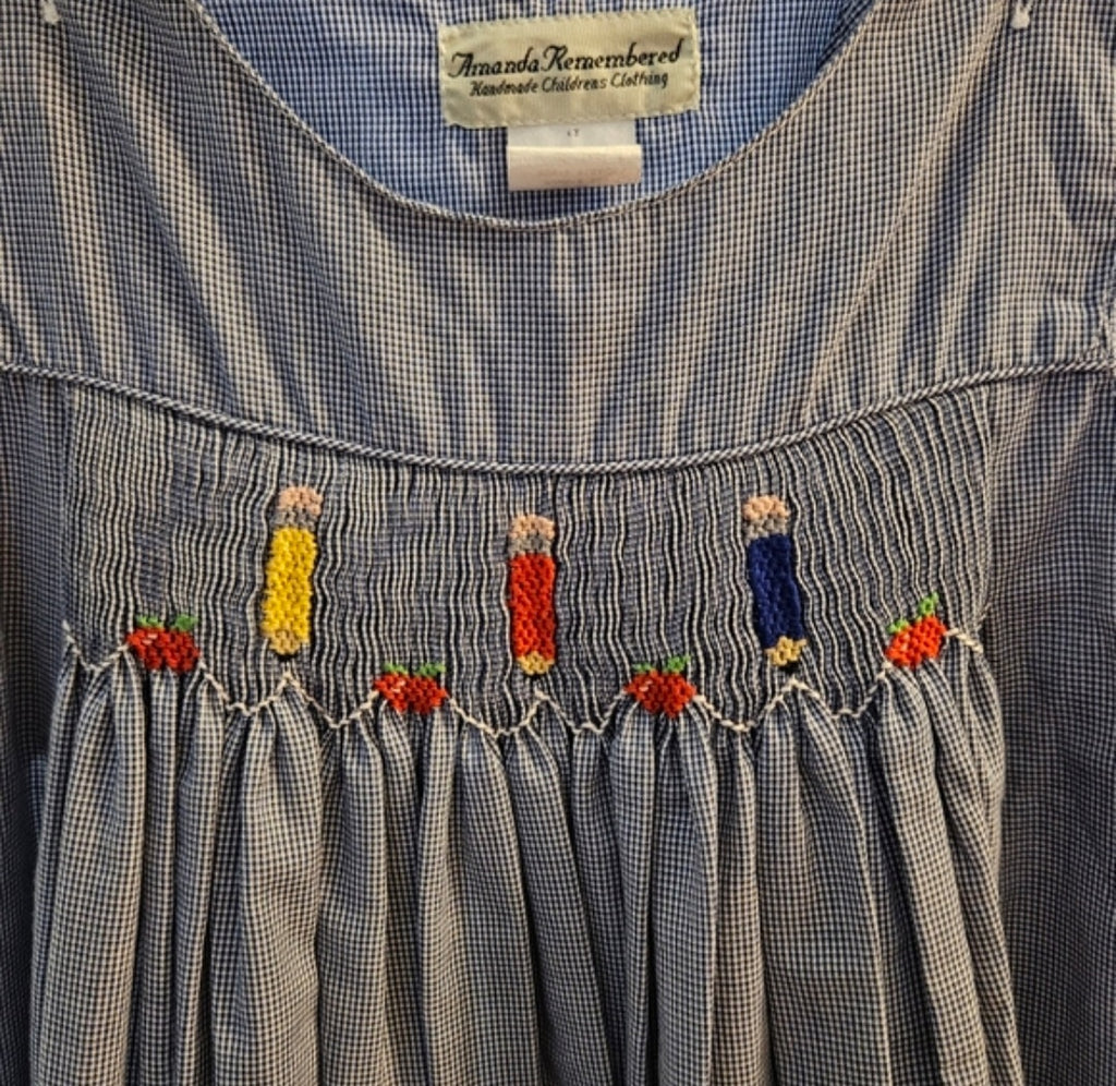 Amanda Remembered Micro Check Smocked With Pencils & Apples Sz 6X