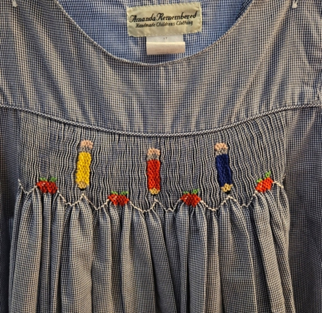 Amanda Remembered Micro Check Smocked With Pencils & Apples Sz 6X