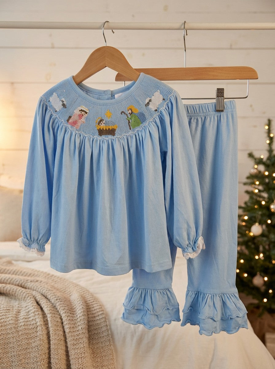 Smocked Honey 2pc Hand Smocked Nativity Ruffle Pants Set Sz 3