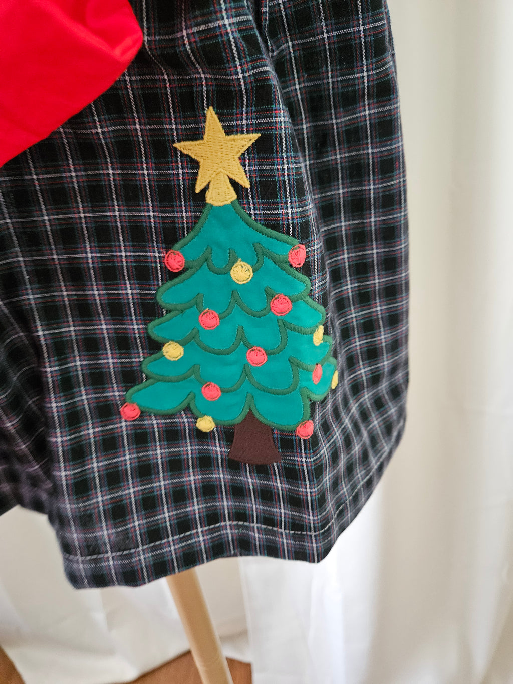 Lil Cactus Christmas Tree Appliqué Plaid Dress with Red Bow